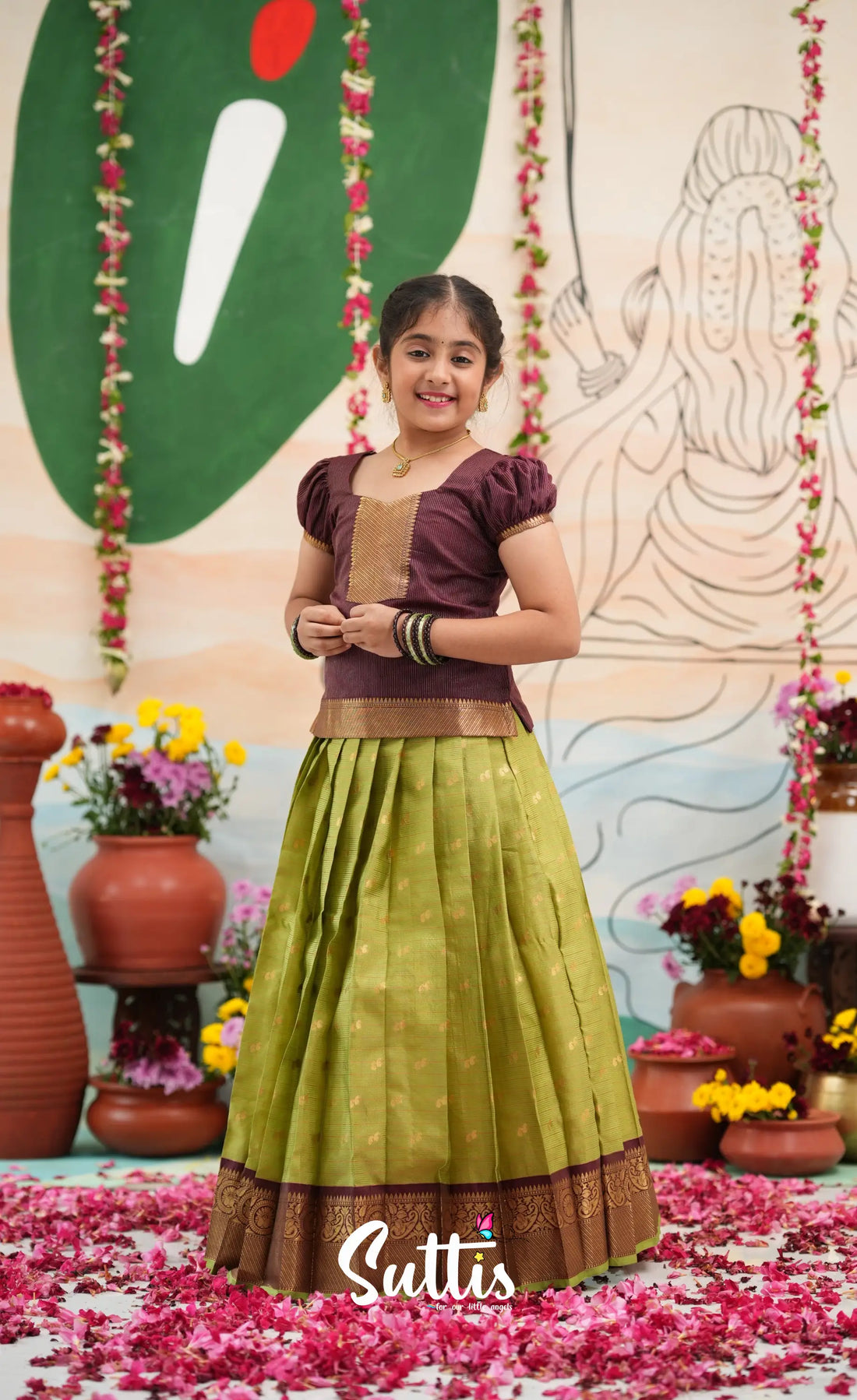 Organza Pavadai Sattai - Light green and Wineish Brown - Kids-Suttis