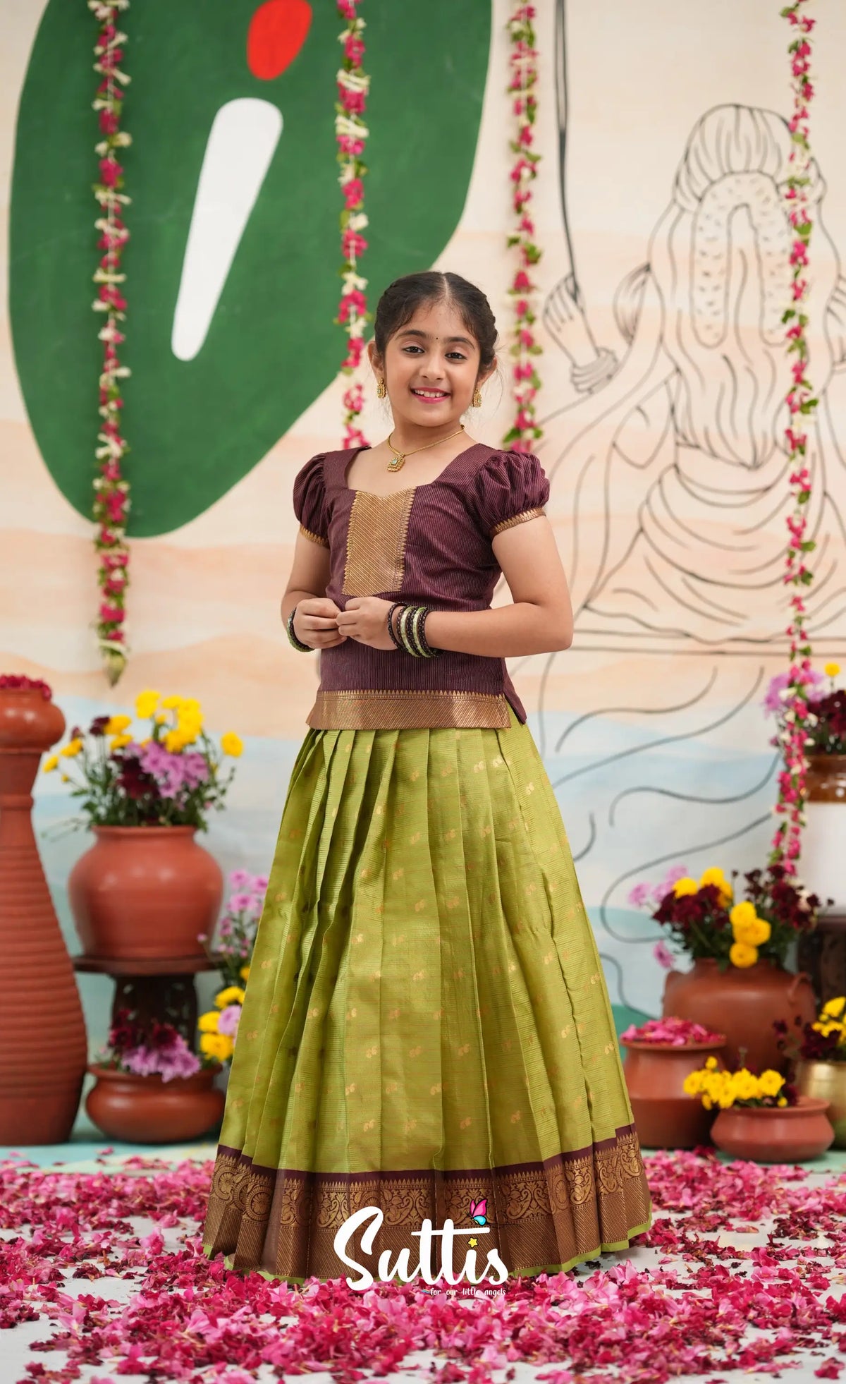 Organza Pavadai Sattai - Light green and Wineish Brown - Kids-Suttis