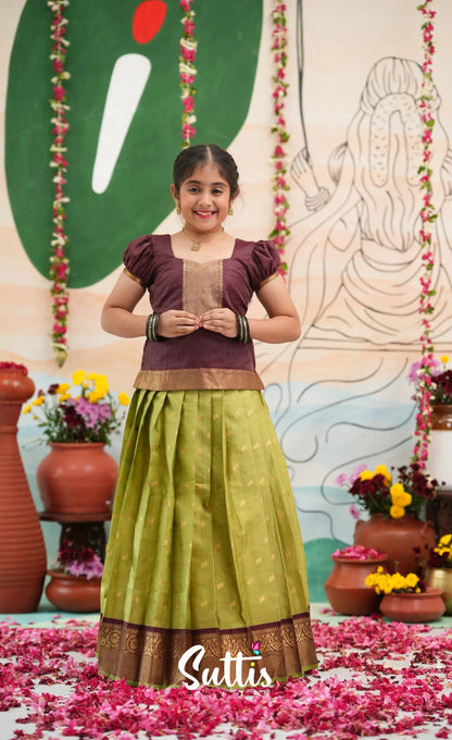 Organza Pavadai Sattai - Light green and Wineish Brown - Kids-Suttis