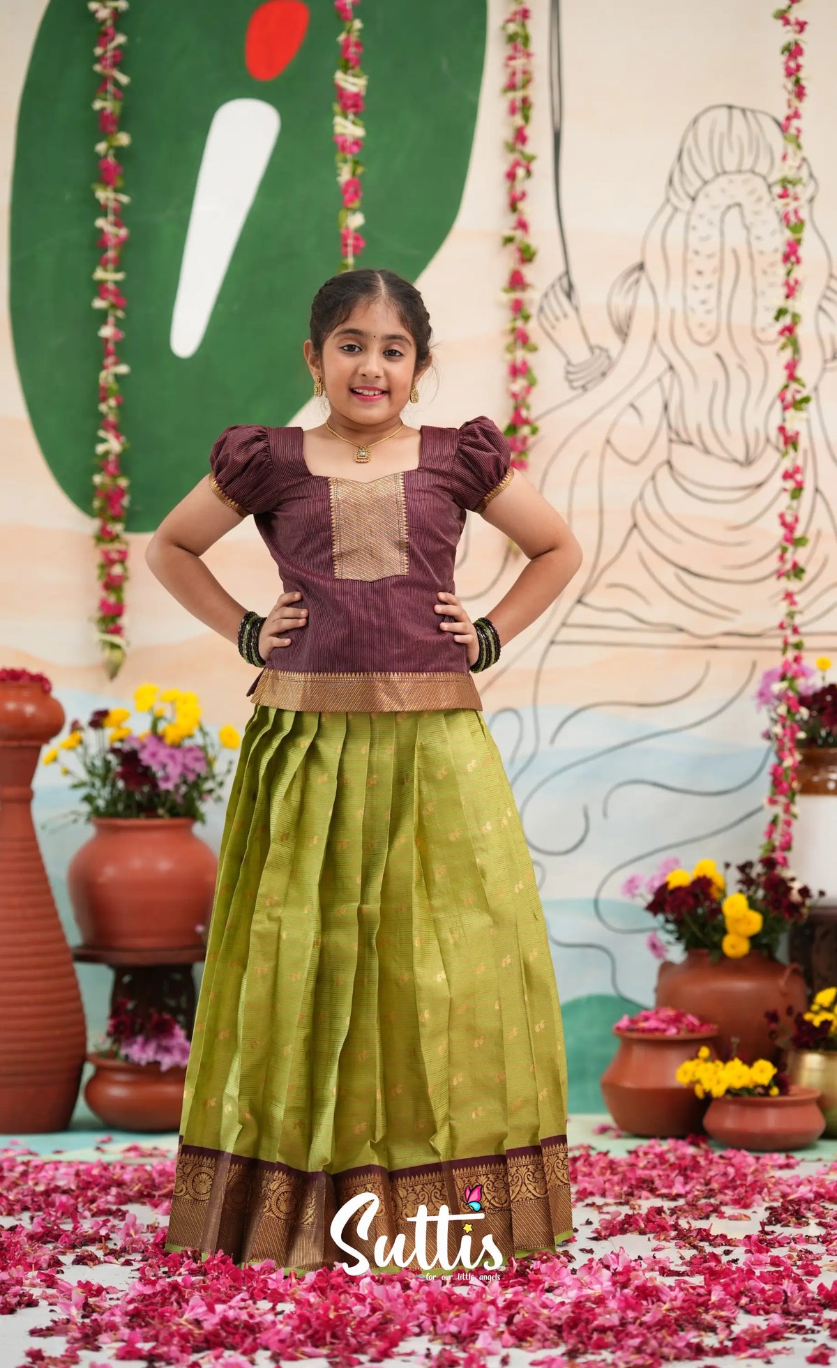 Organza Pavadai Sattai - Light green and Wineish Brown - Kids-Suttis