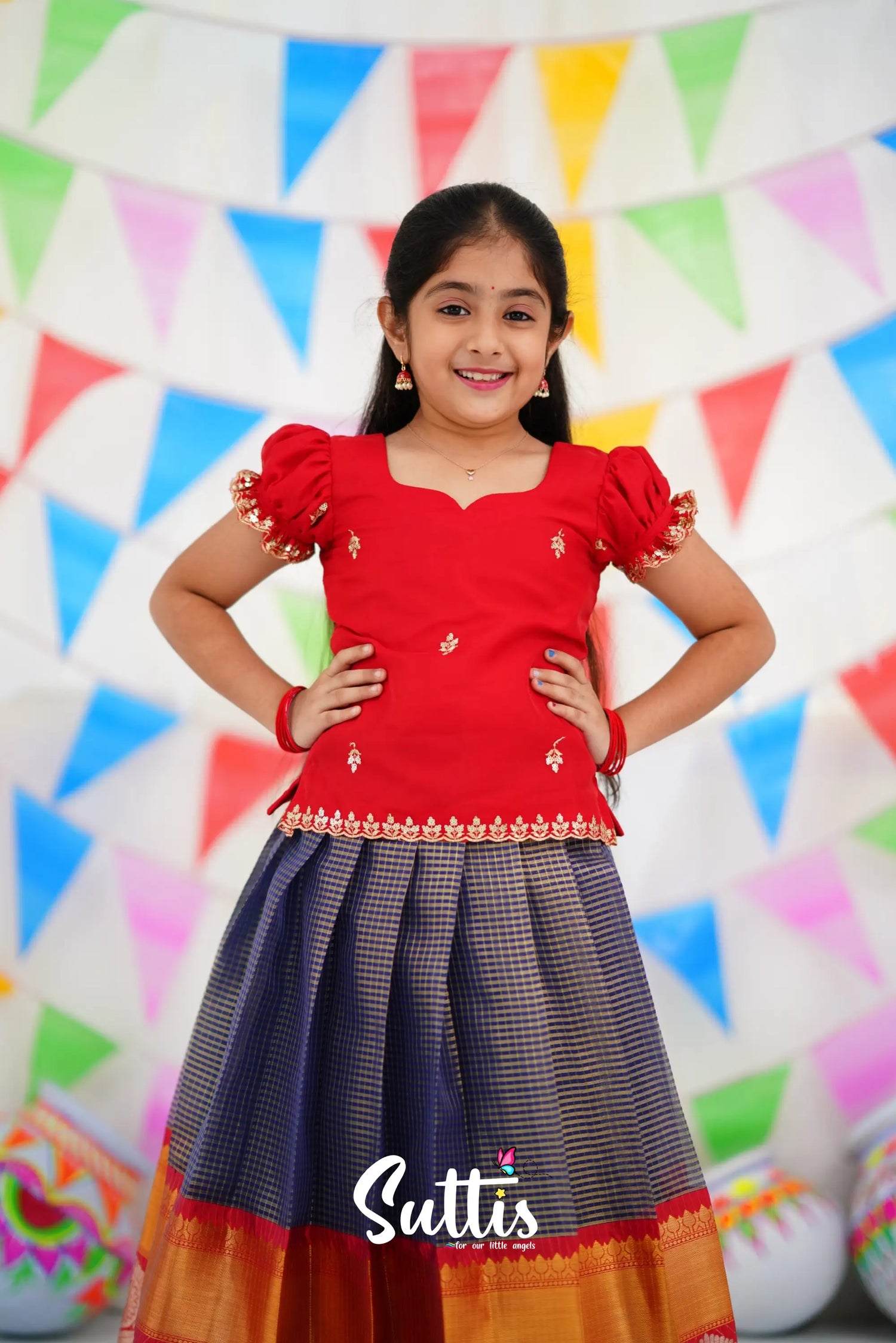 Organza Pavadai Sattai - Navy Blue And Red Kids-Suttis