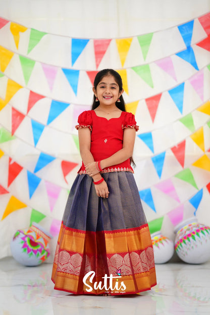 Organza Pavadai Sattai - Navy Blue And Red Kids-Suttis