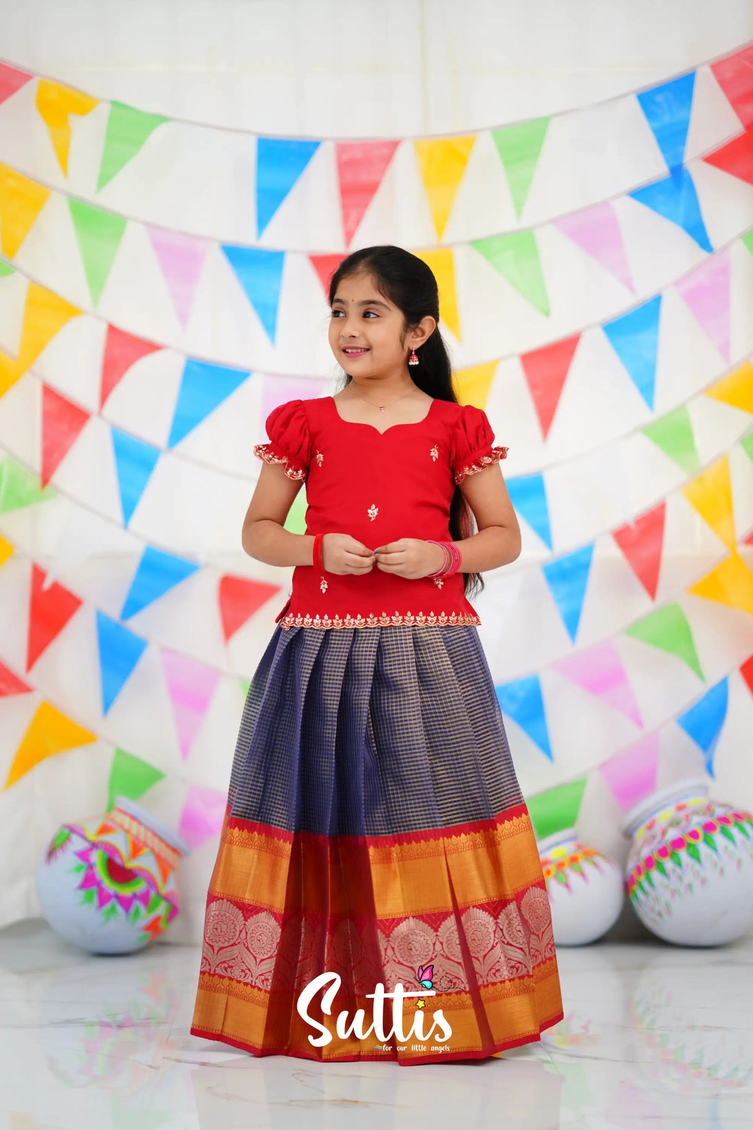 Organza Pavadai Sattai - Navy Blue And Red Kids-Suttis