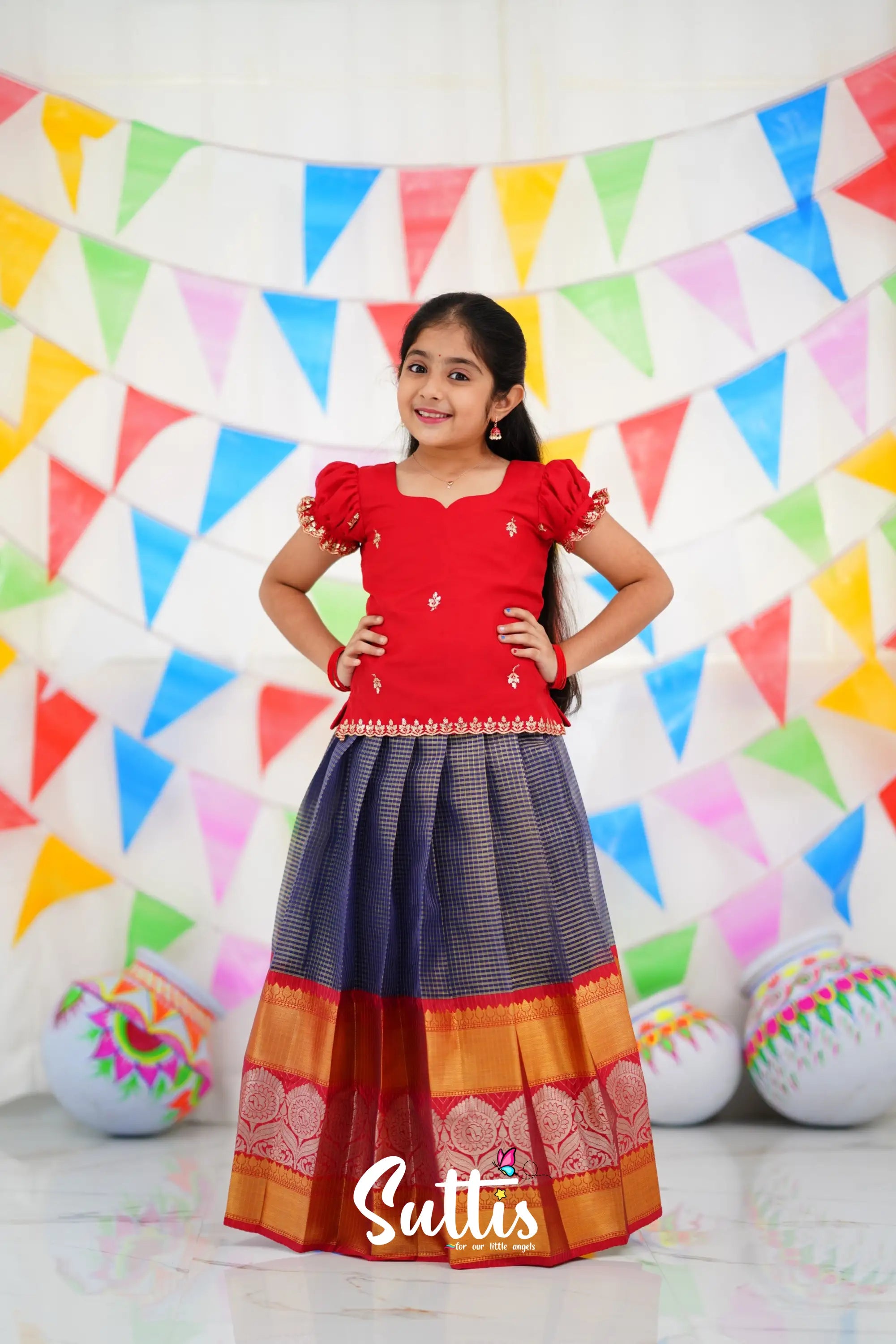 Organza Pavadai Sattai - Navy Blue And Red Kids-Suttis