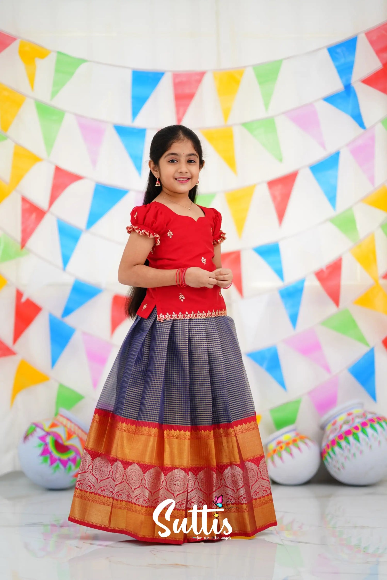 Organza Pavadai Sattai - Navy Blue And Red Kids-Suttis