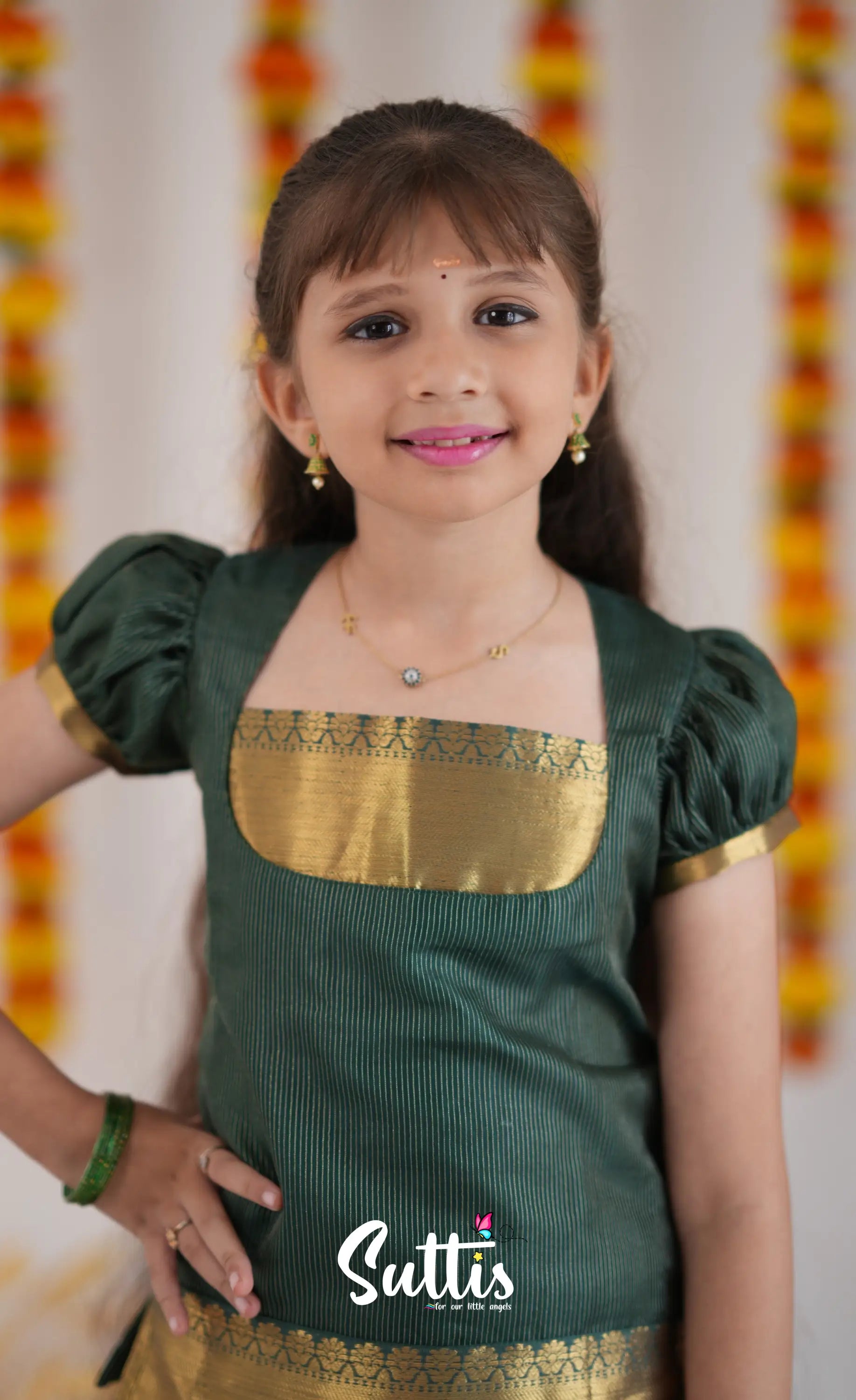 Organza Pavadai Sattai - Offwhite And Dark Green Kids-Suttis