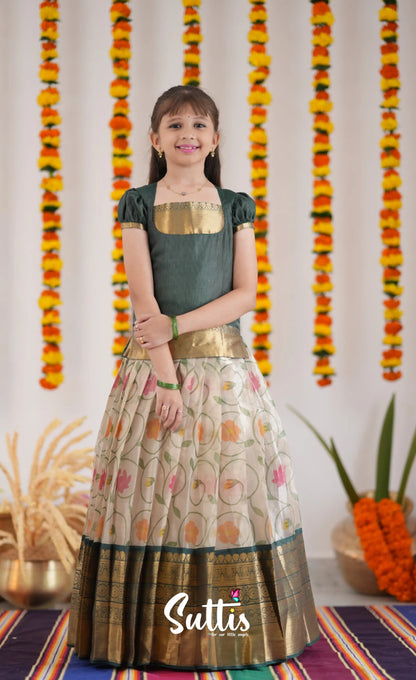 Organza Pavadai Sattai - Offwhite And Dark Green Kids-Suttis