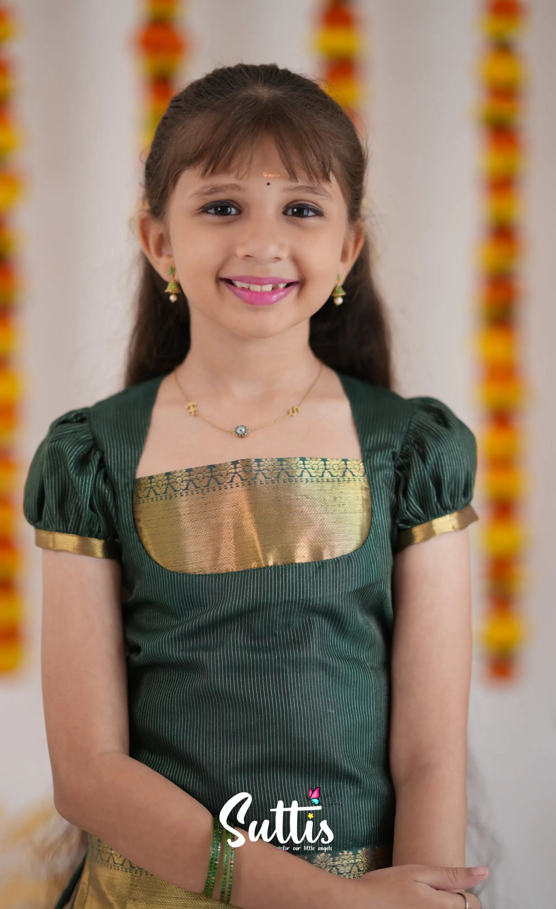 Organza Pavadai Sattai - Offwhite And Dark Green Kids-Suttis