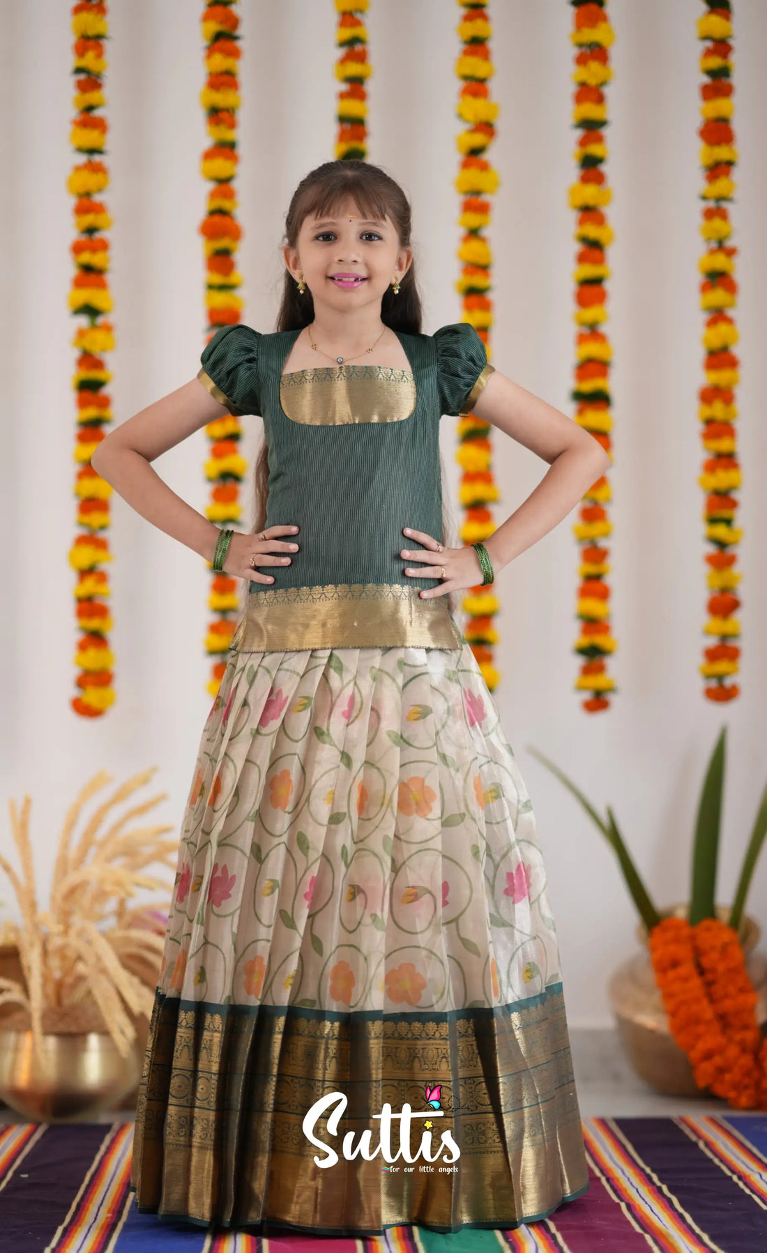 Organza Pavadai Sattai - Offwhite And Dark Green Kids-Suttis