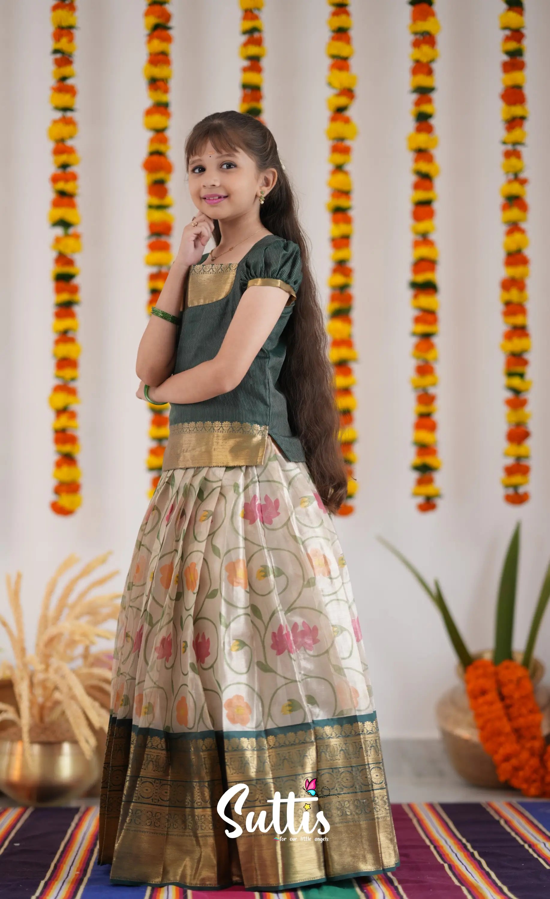 Organza Pavadai Sattai - Offwhite And Dark Green Kids-Suttis