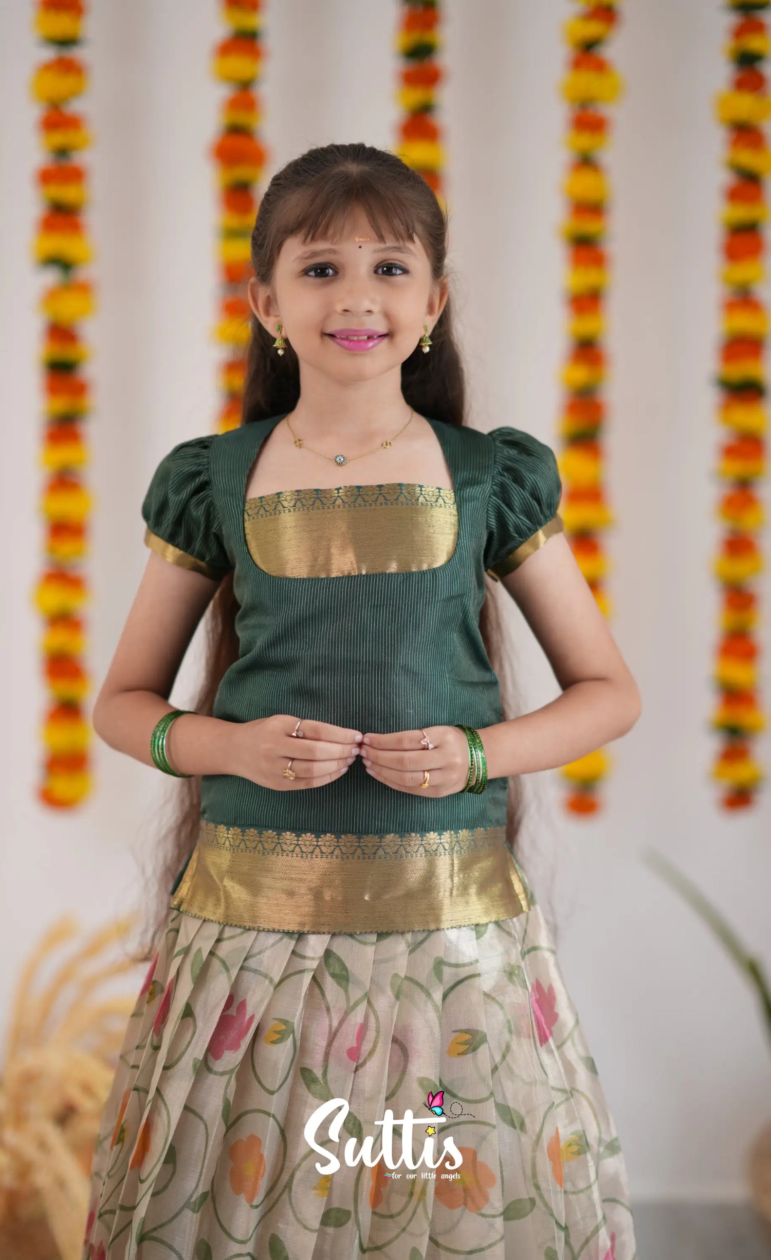 Organza Pavadai Sattai - Offwhite And Dark Green Kids-Suttis