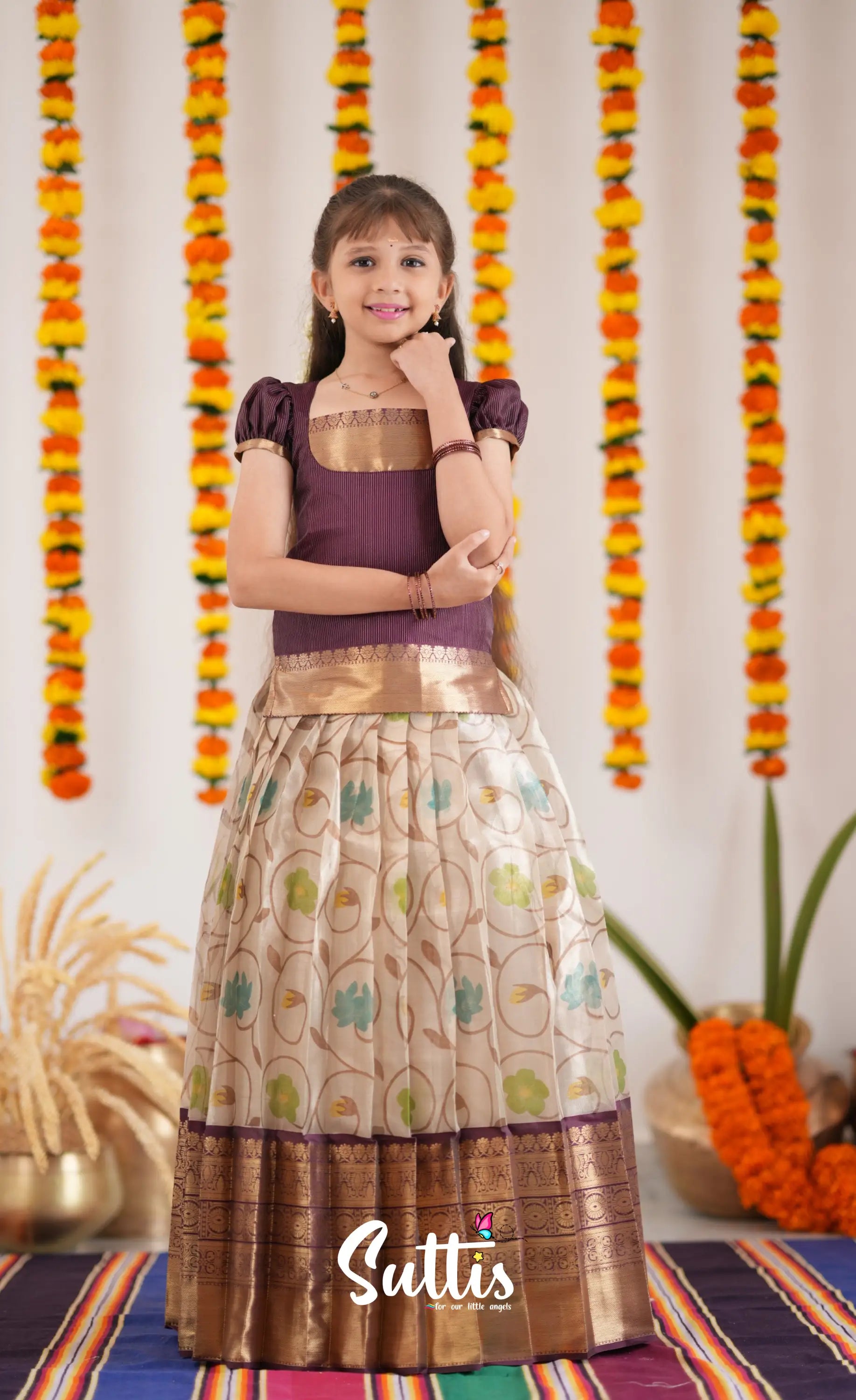 Organza Pavadai Sattai - Offwhite And Dark Marron Kids-Suttis