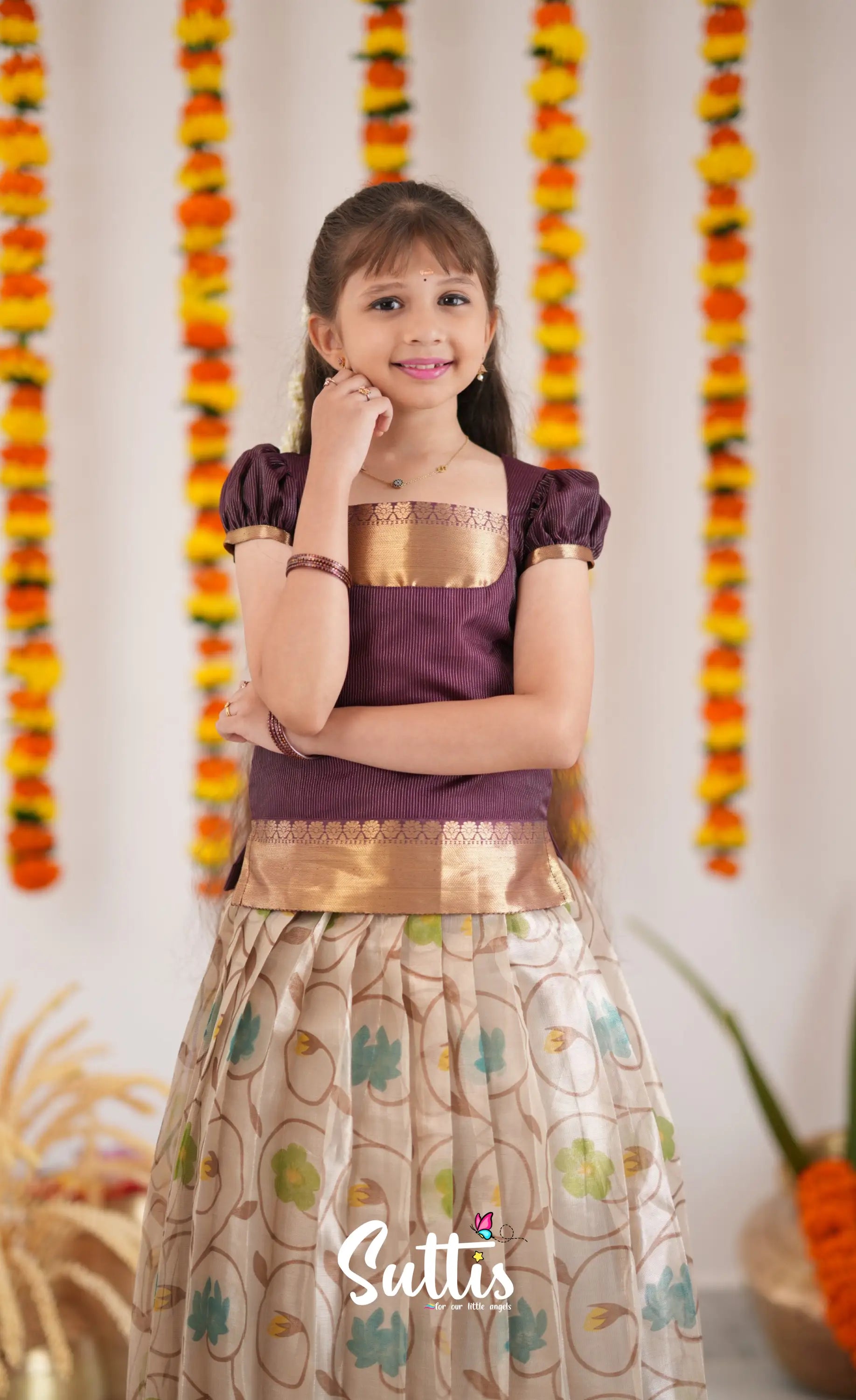 Organza Pavadai Sattai - Offwhite And Dark Marron Kids-Suttis