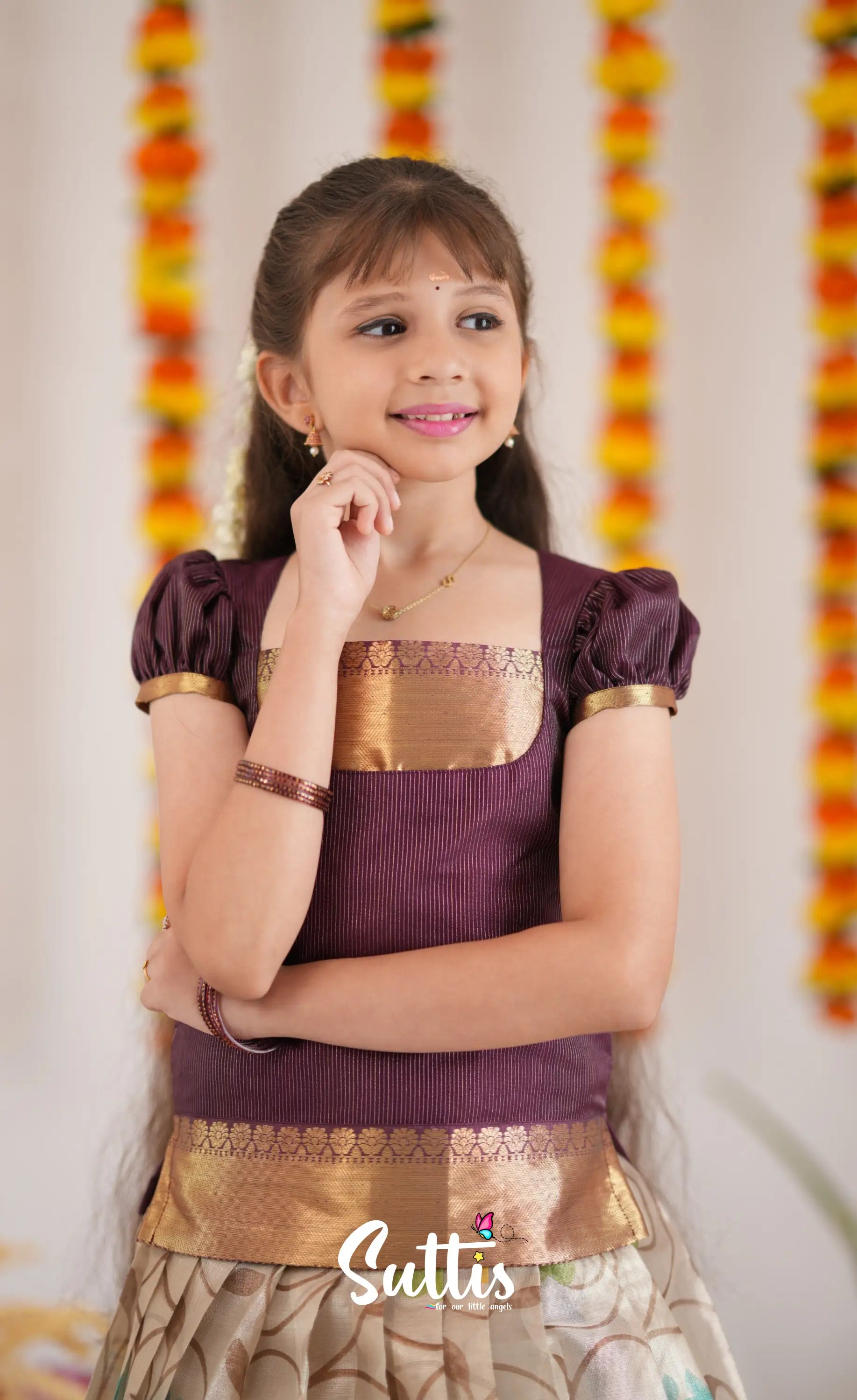 Organza Pavadai Sattai - Offwhite And Dark Marron Kids-Suttis