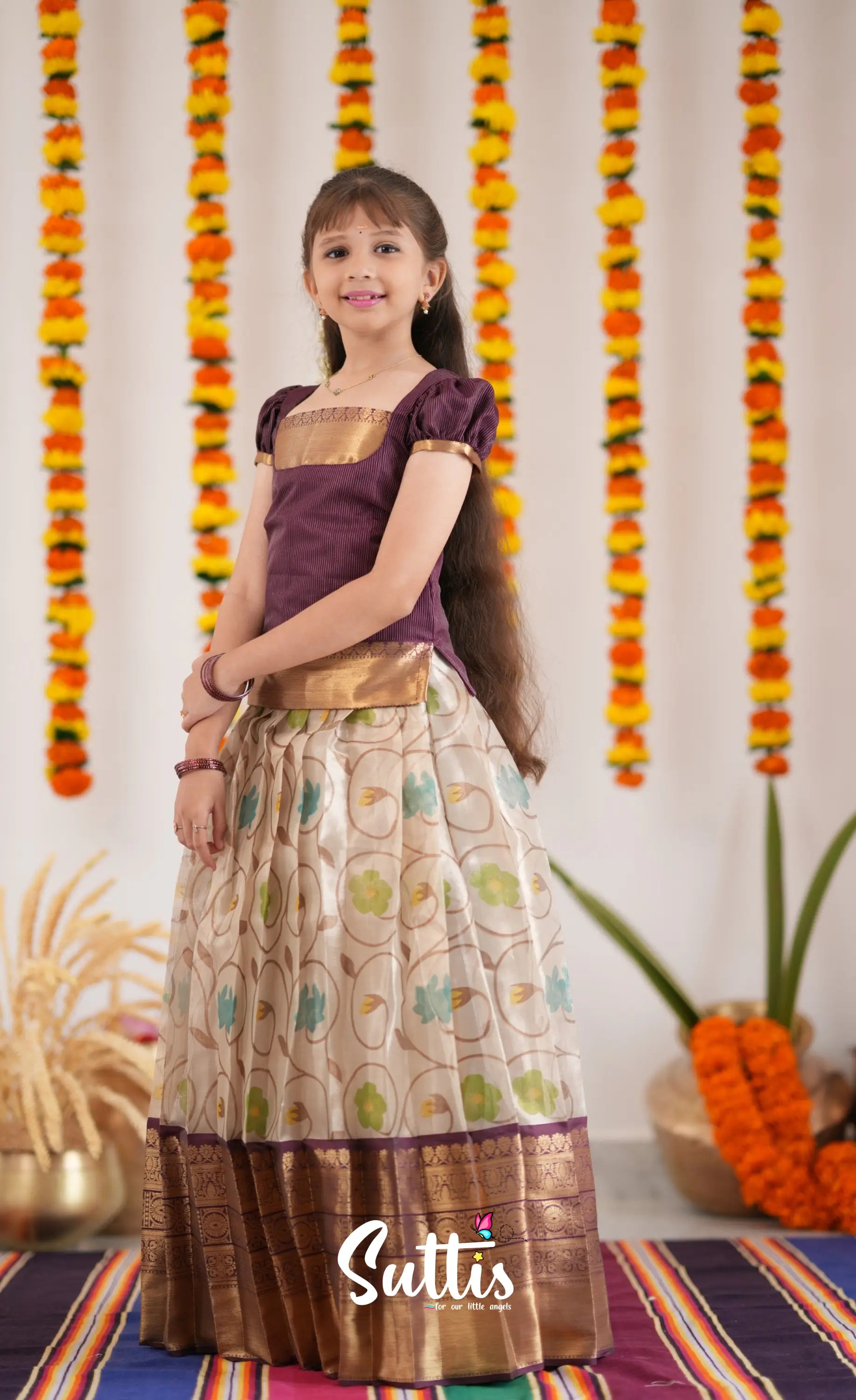 Organza Pavadai Sattai - Offwhite And Dark Marron Kids-Suttis