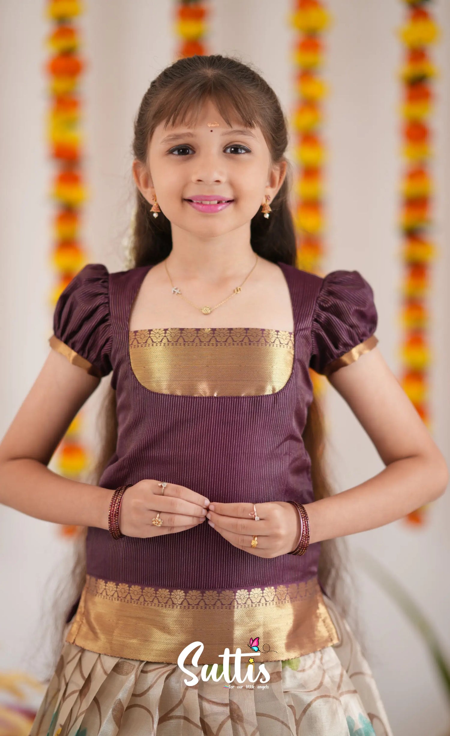 Organza Pavadai Sattai - Offwhite And Dark Marron Kids-Suttis