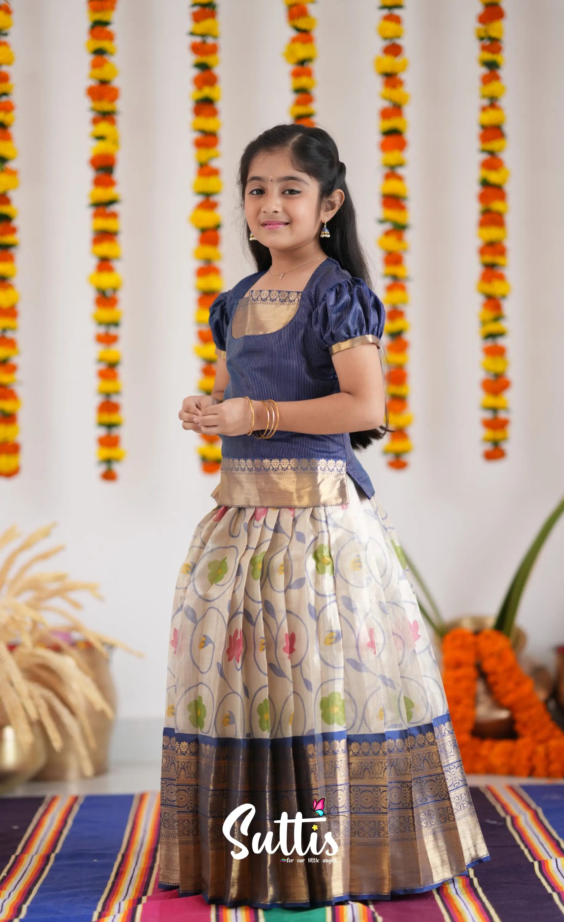 Organza Pavadai Sattai - Offwhite And Ink Blue Kids-Suttis