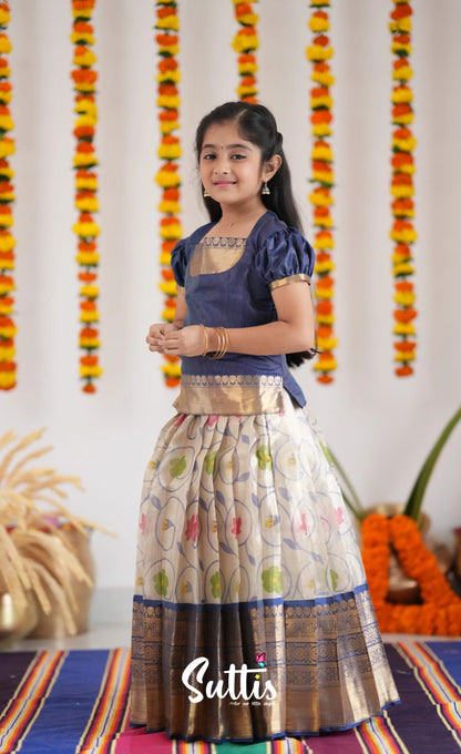 Organza Pavadai Sattai - Offwhite And Ink Blue Kids-Suttis