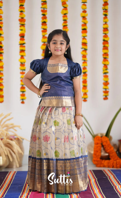 Organza Pavadai Sattai - Offwhite And Ink Blue Kids-Suttis