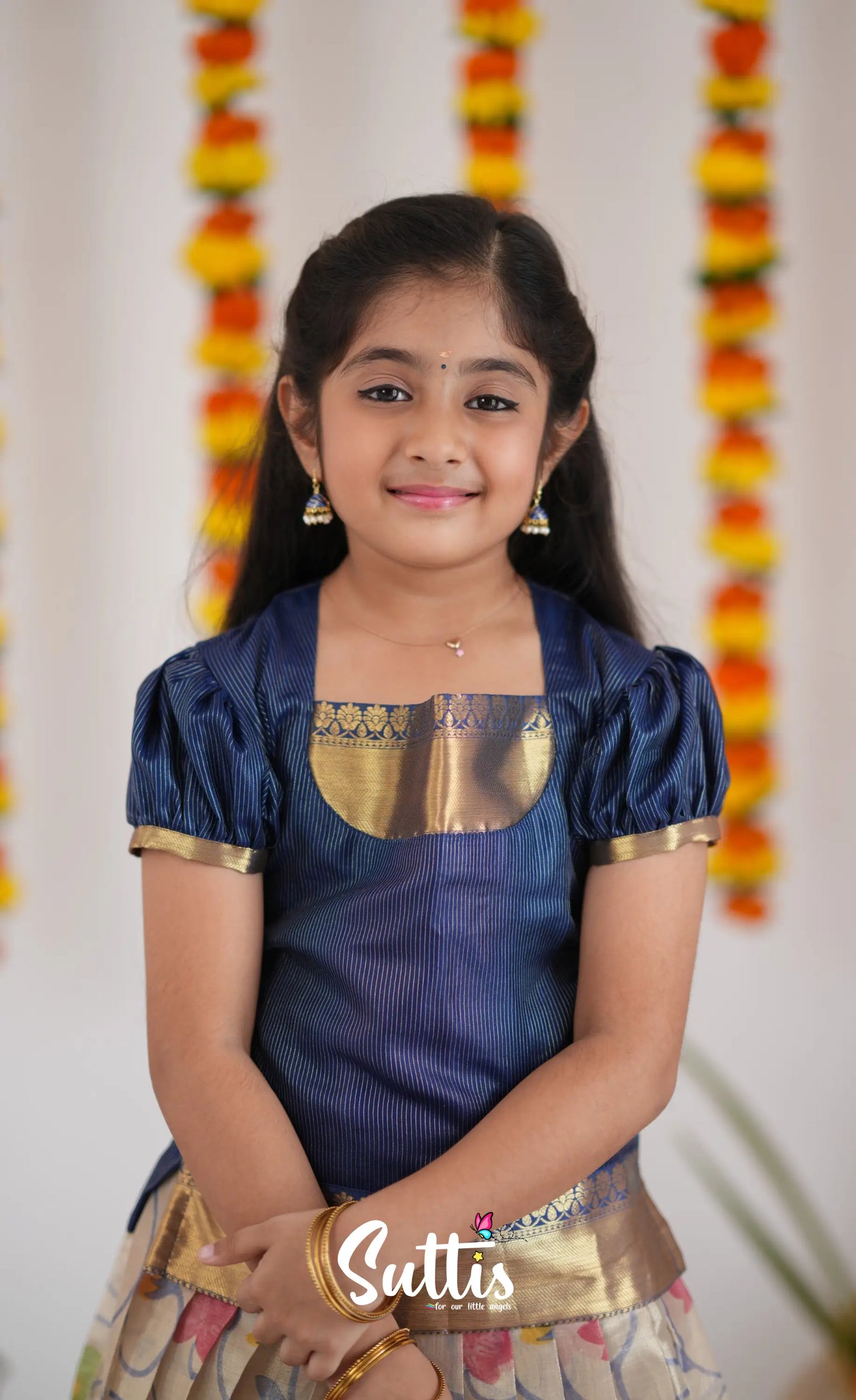 Organza Pavadai Sattai - Offwhite And Ink Blue Kids-Suttis