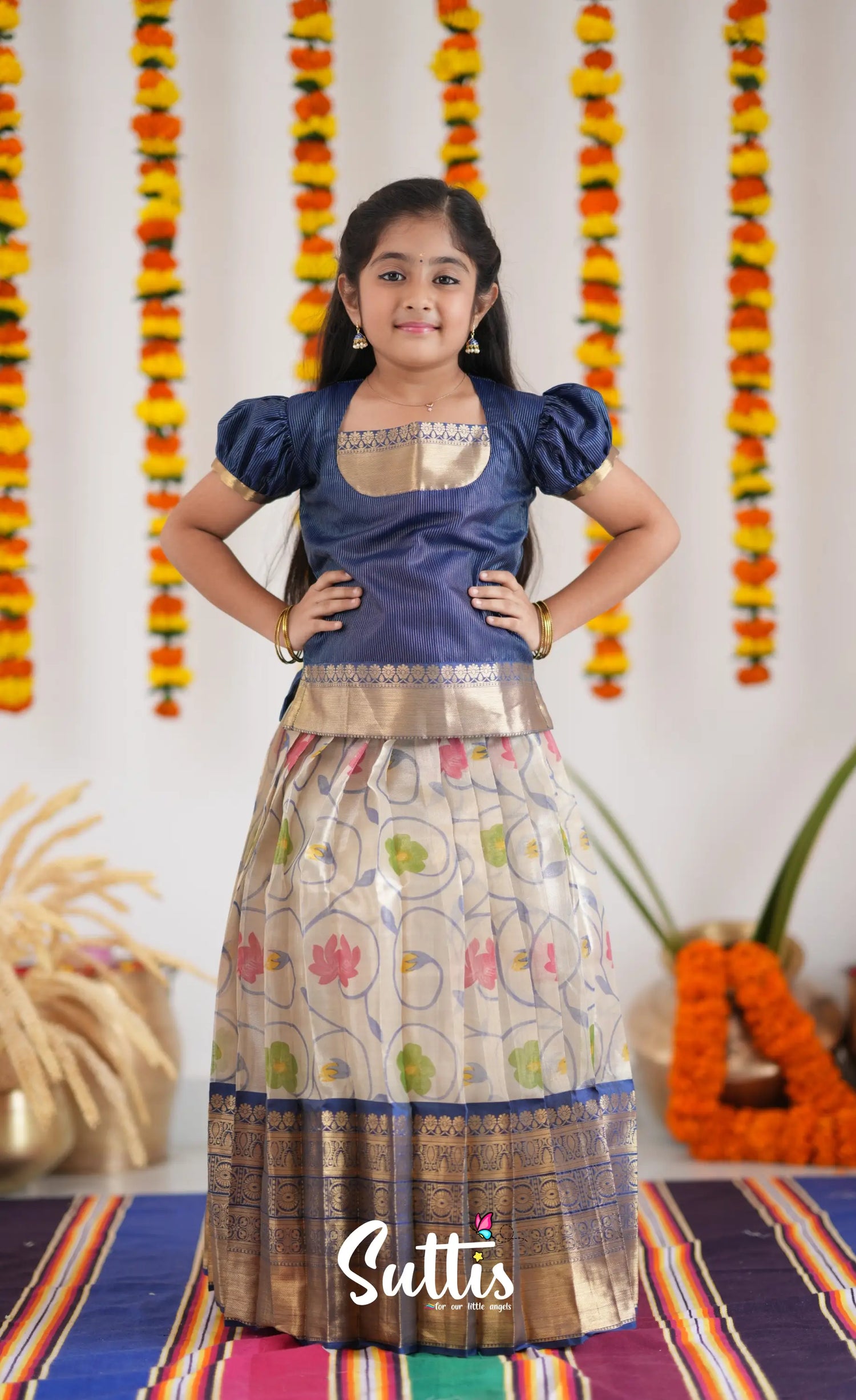 Organza Pavadai Sattai - Offwhite And Ink Blue Kids-Suttis