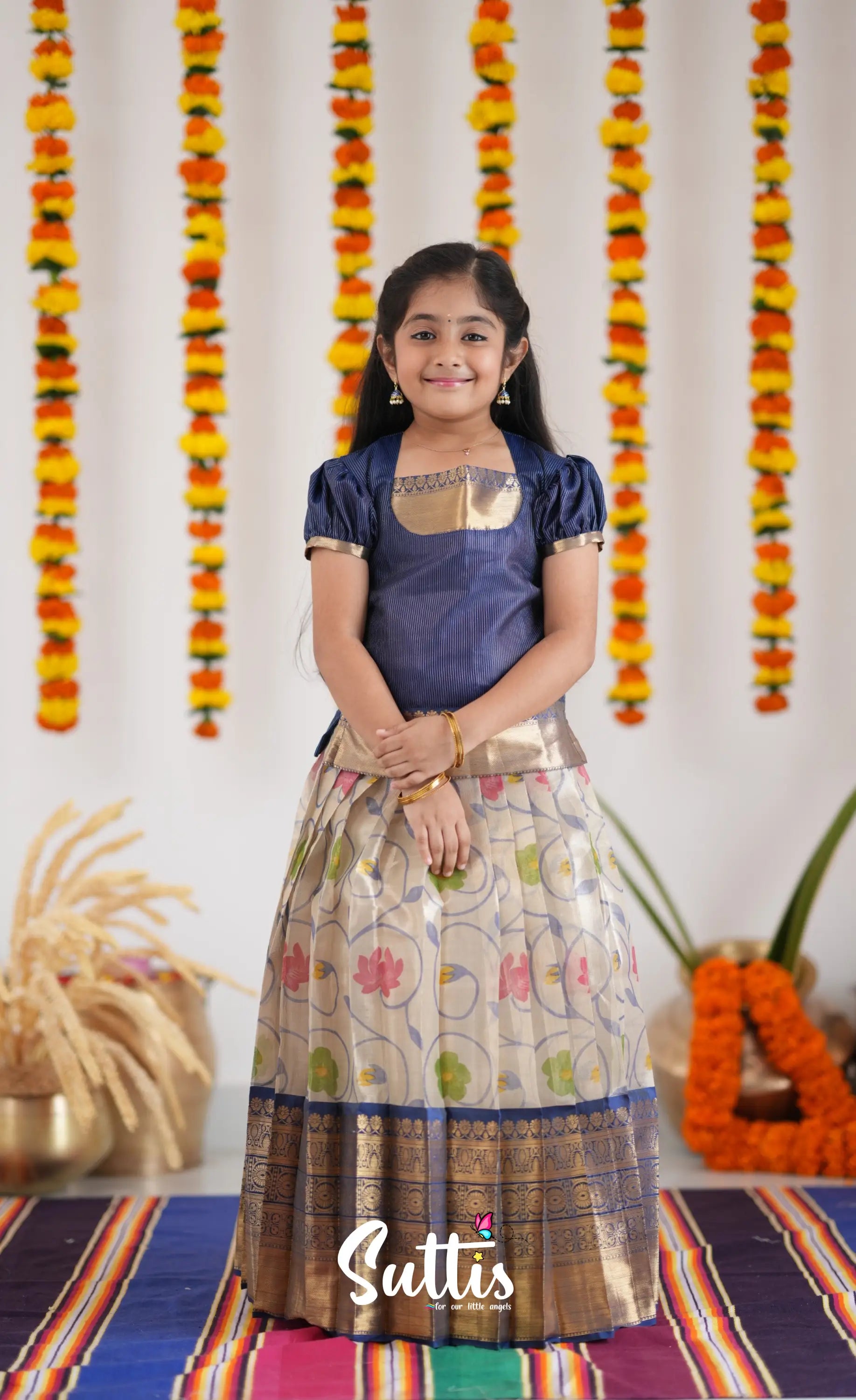 Organza Pavadai Sattai - Offwhite And Ink Blue Kids-Suttis