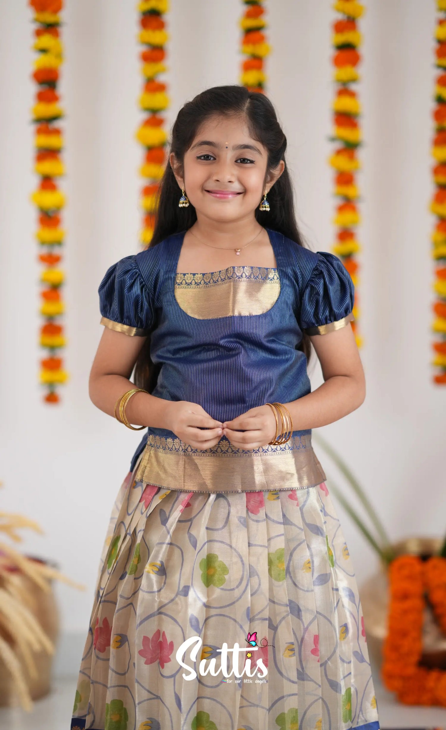 Organza Pavadai Sattai - Offwhite And Ink Blue Kids-Suttis