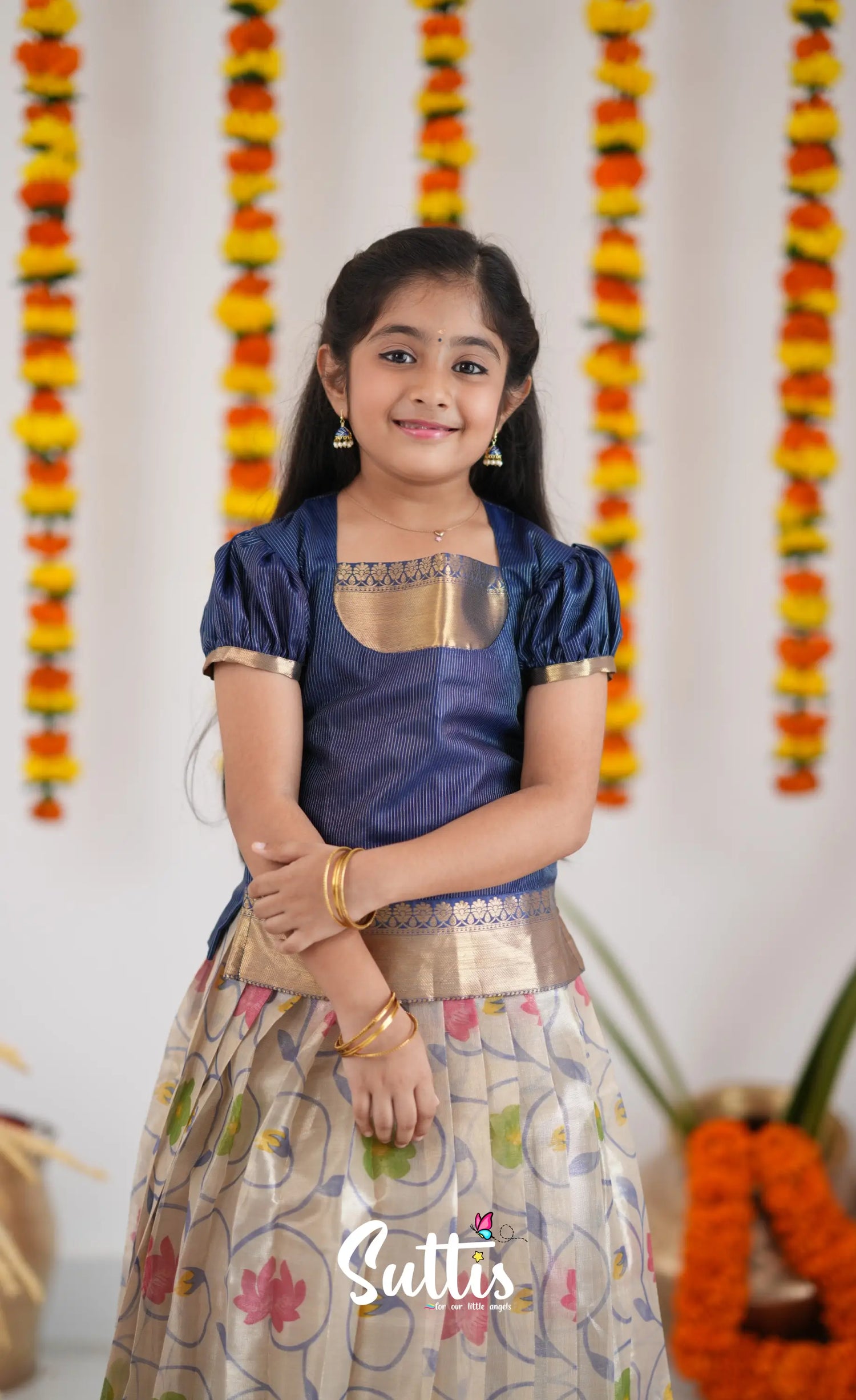 Organza Pavadai Sattai - Offwhite And Ink Blue Kids-Suttis