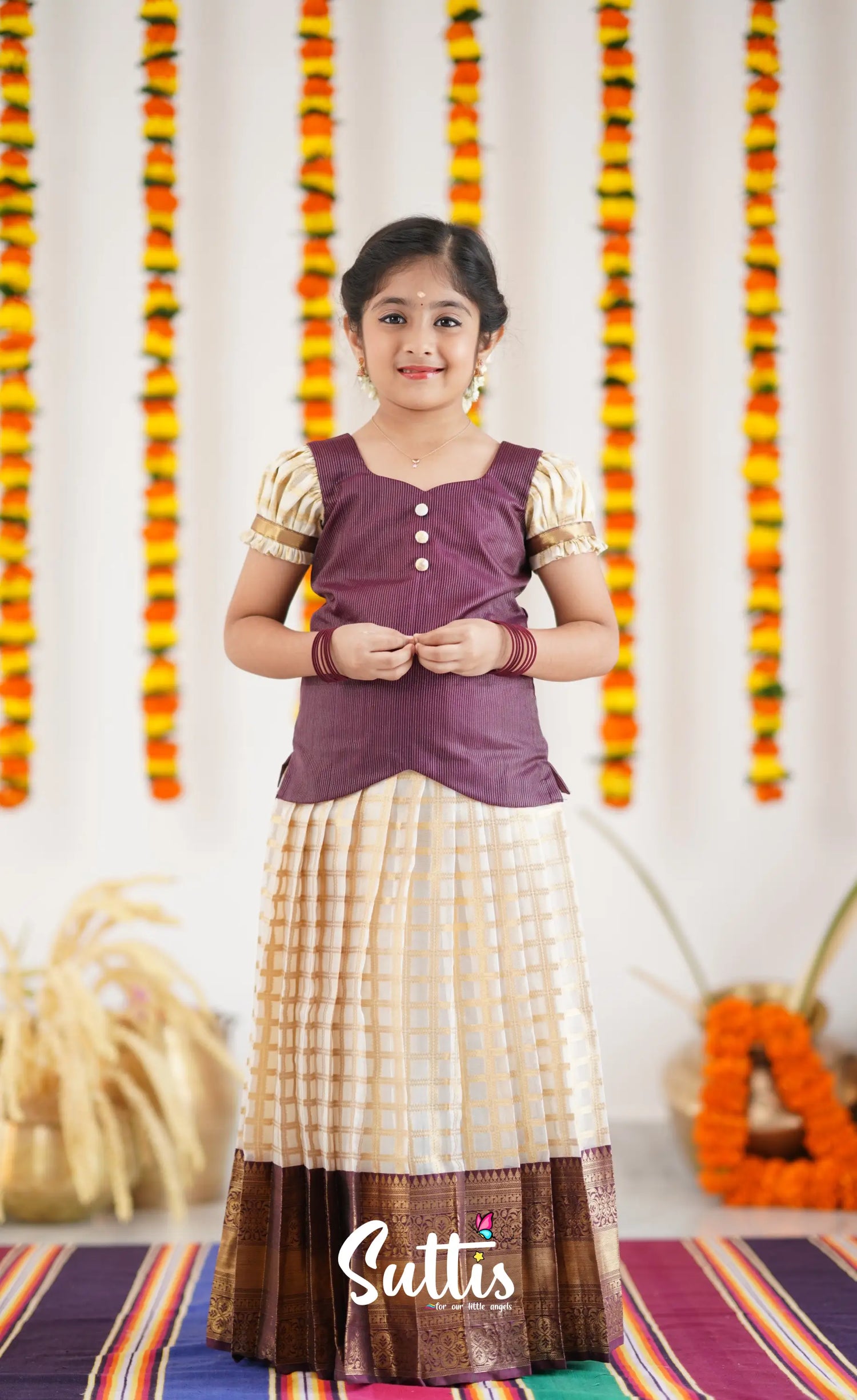 Organza Pavadai Sattai - Offwhite And Marron Kids-Suttis