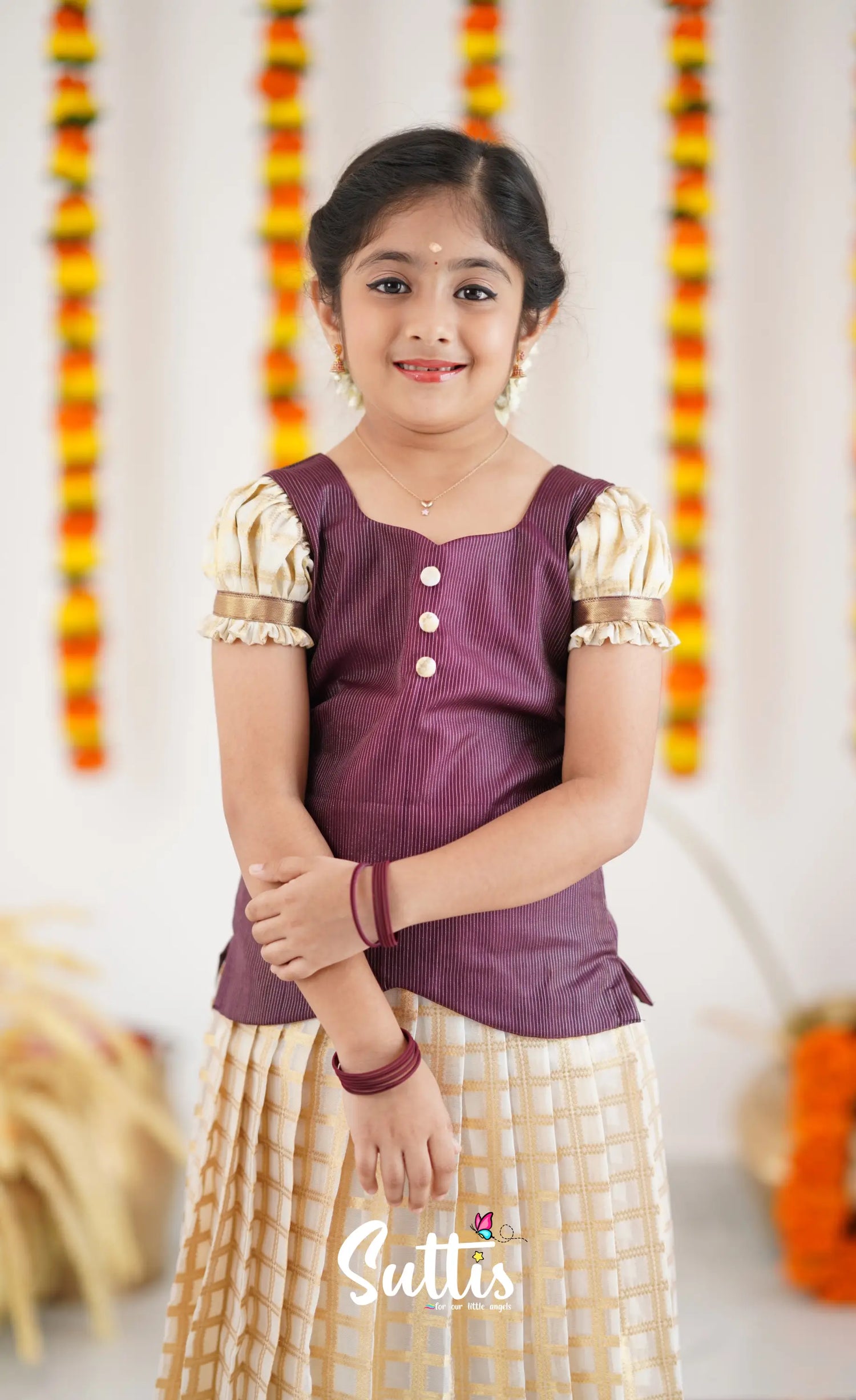 Organza Pavadai Sattai - Offwhite And Marron Kids-Suttis