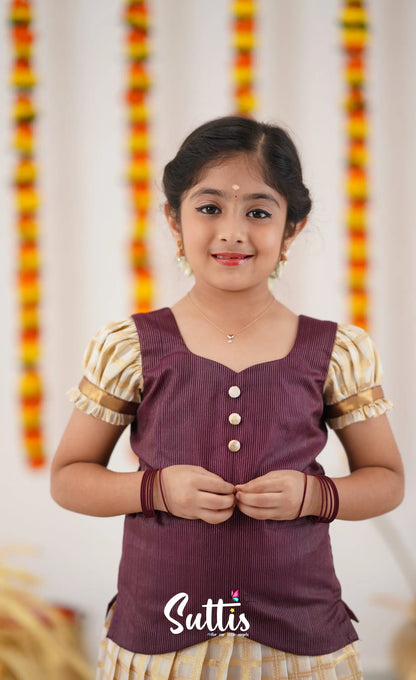 Organza Pavadai Sattai - Offwhite And Marron Kids-Suttis