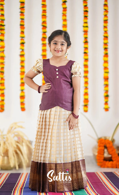 Organza Pavadai Sattai - Offwhite And Marron Kids-Suttis