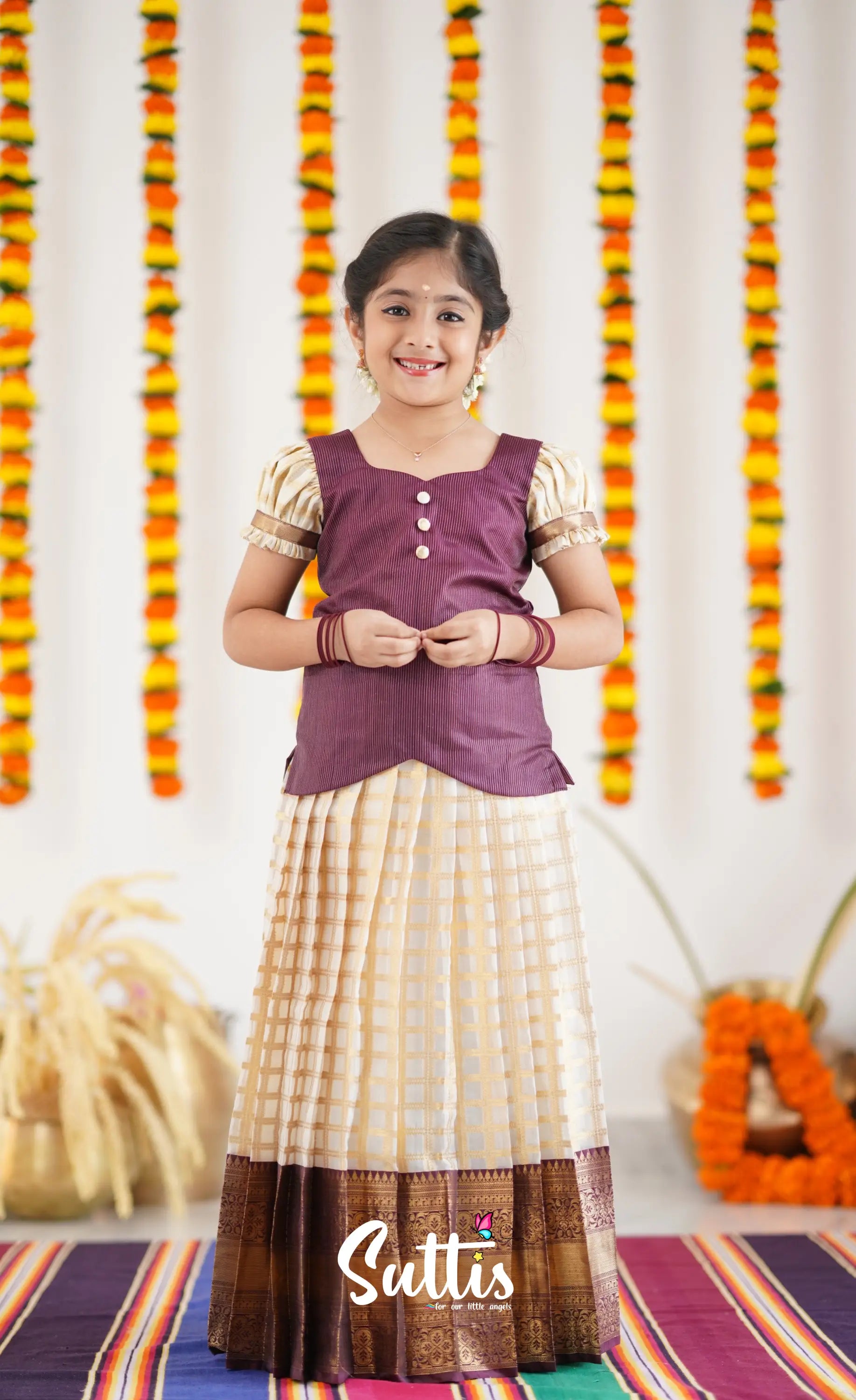 Organza Pavadai Sattai - Offwhite And Marron Kids-Suttis