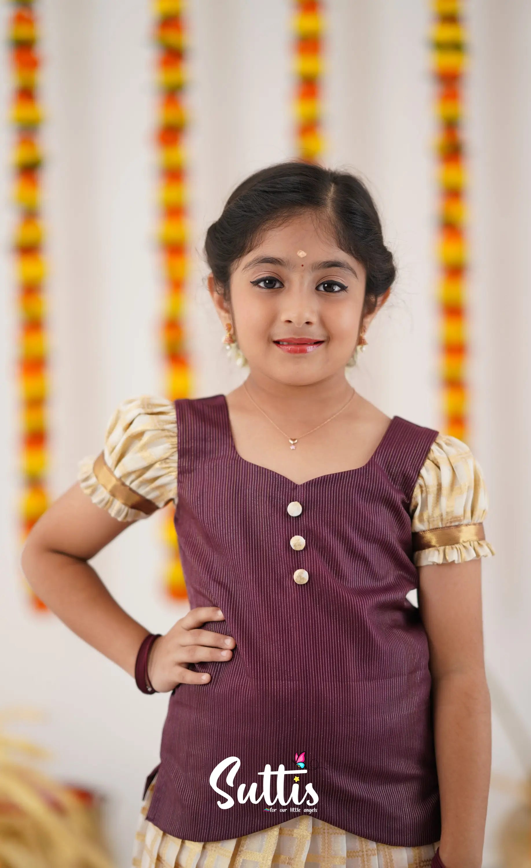 Organza Pavadai Sattai - Offwhite And Marron Kids-Suttis