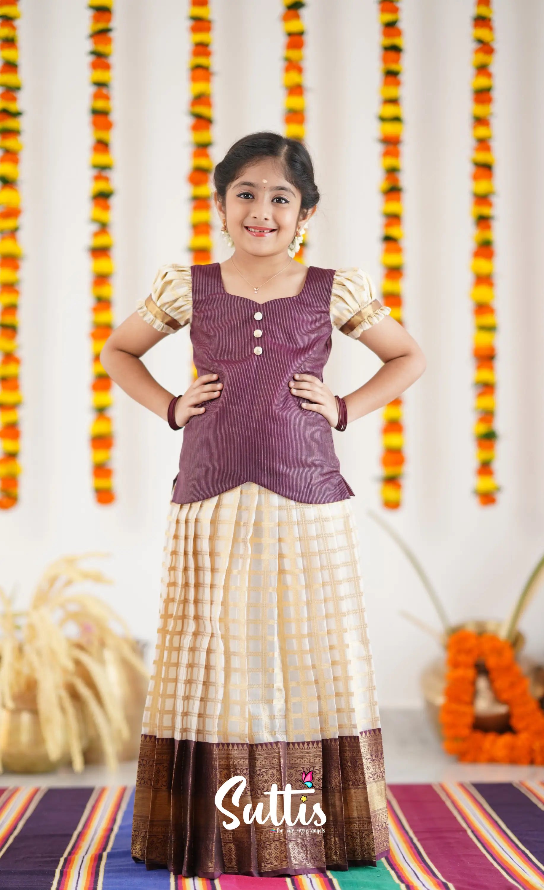 Organza Pavadai Sattai - Offwhite And Marron Kids-Suttis