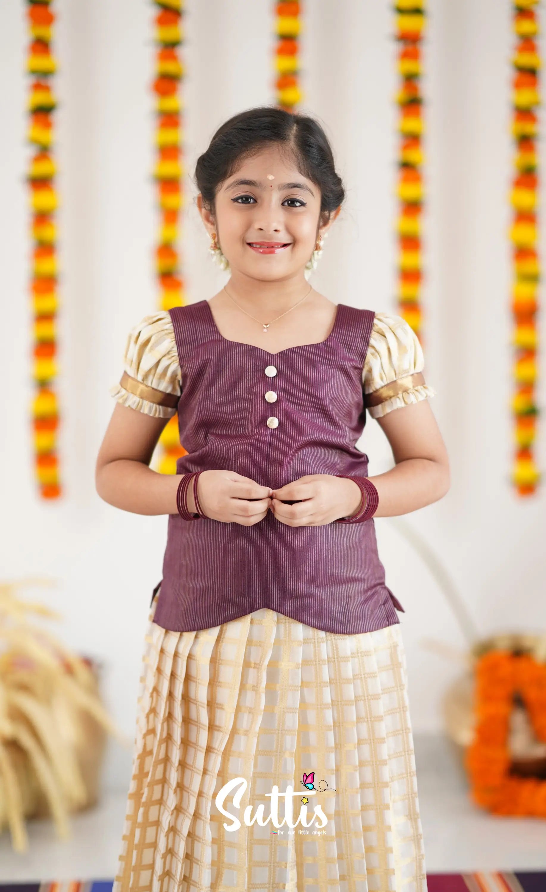 Organza Pavadai Sattai - Offwhite And Marron Kids-Suttis