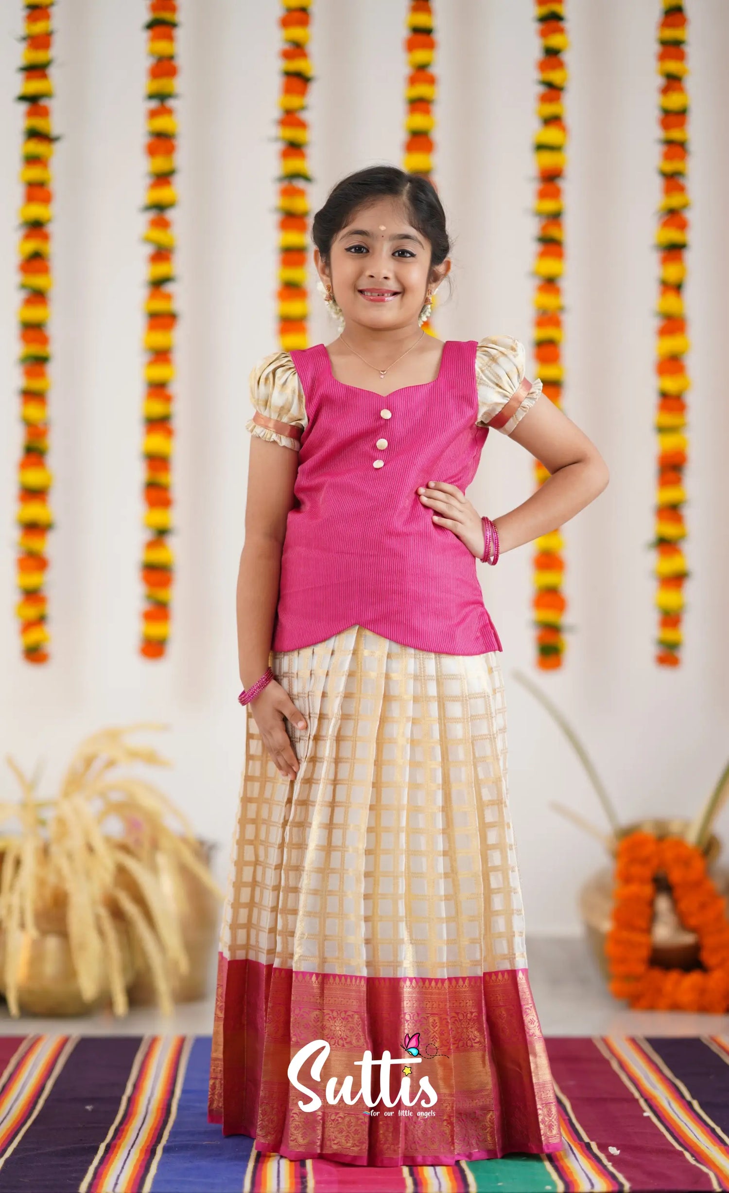 Organza Pavadai Sattai - Offwhite And Pink Kids-Suttis