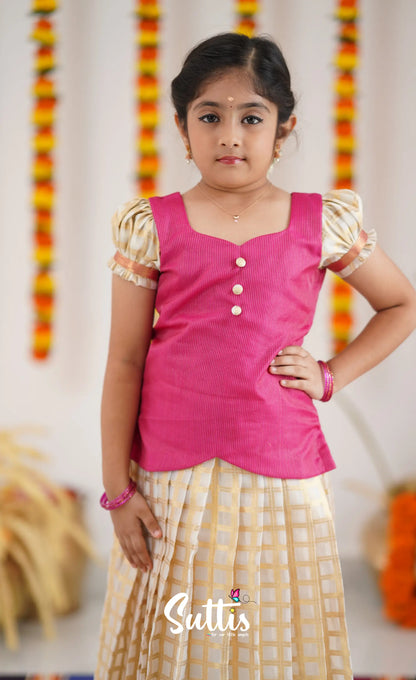 Organza Pavadai Sattai - Offwhite And Pink Kids-Suttis