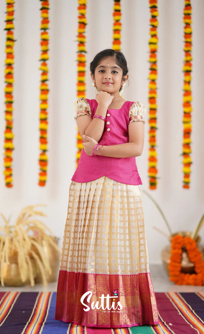 Organza Pavadai Sattai - Offwhite And Pink Kids-Suttis