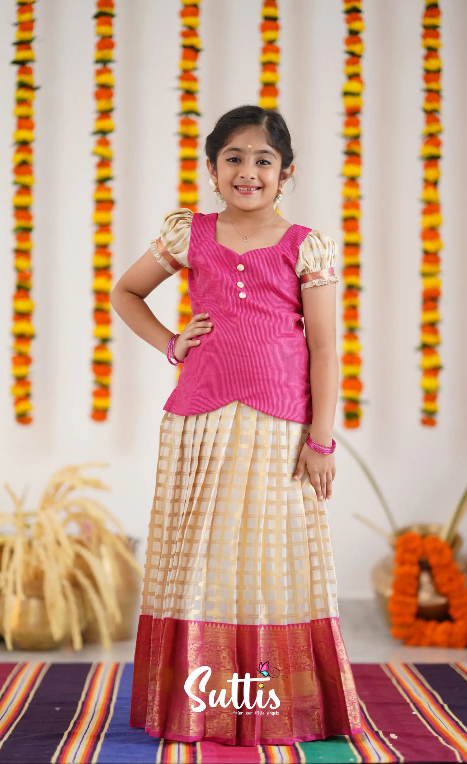 Organza Pavadai Sattai - Offwhite And Pink Kids-Suttis