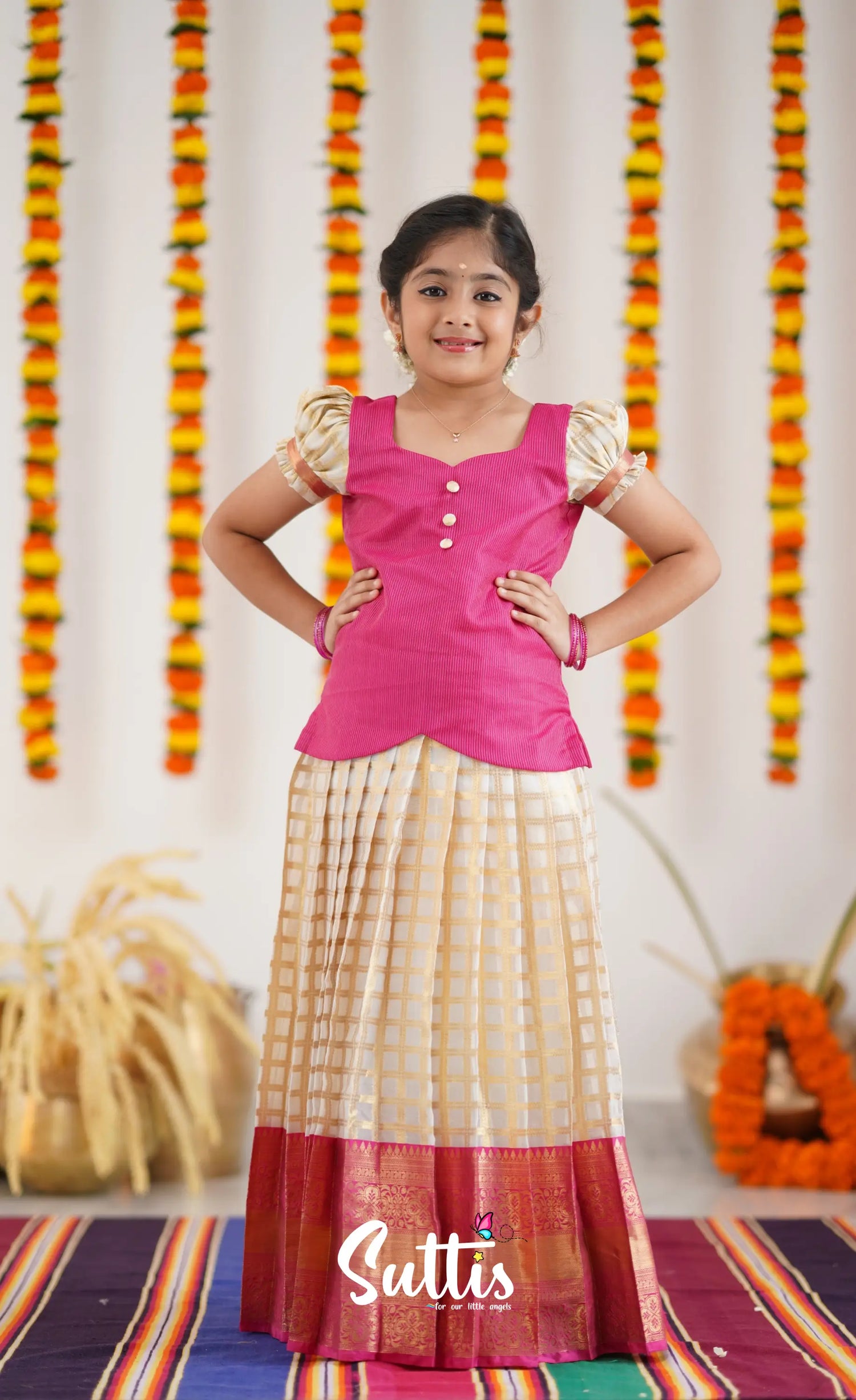 Organza Pavadai Sattai - Offwhite And Pink Kids-Suttis