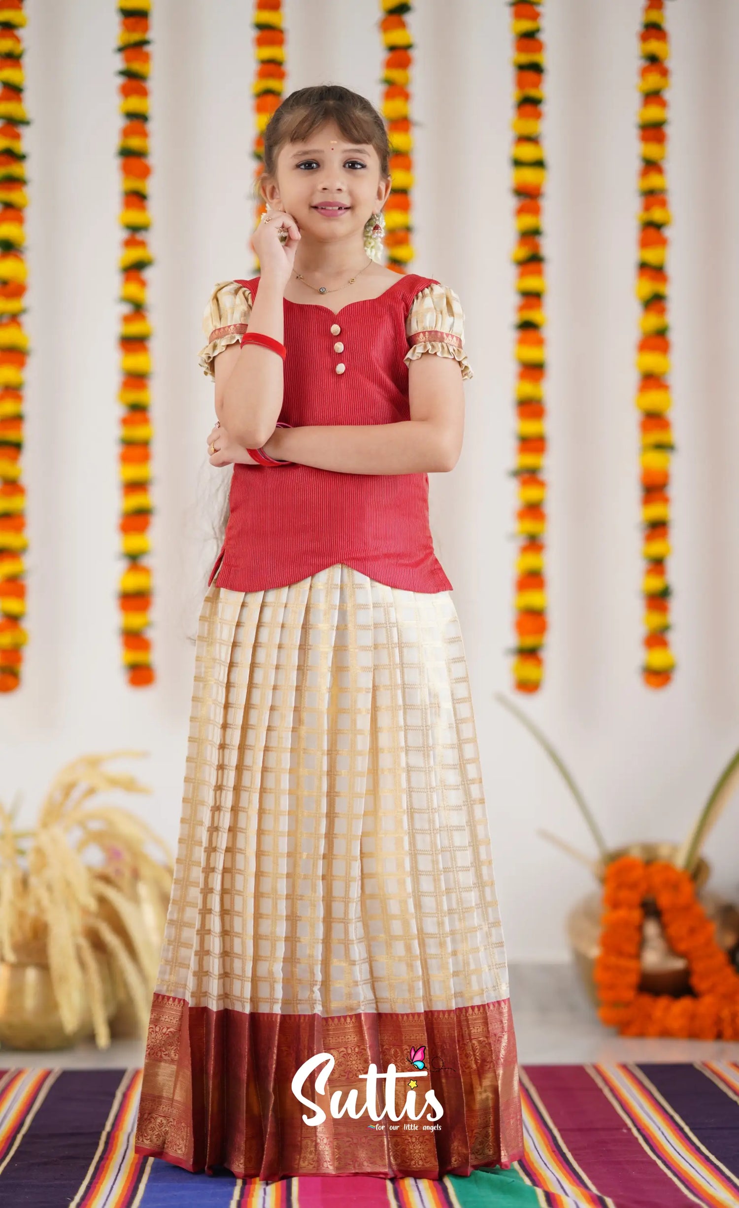 Organza Pavadai Sattai - Offwhite And Red Kids-Suttis