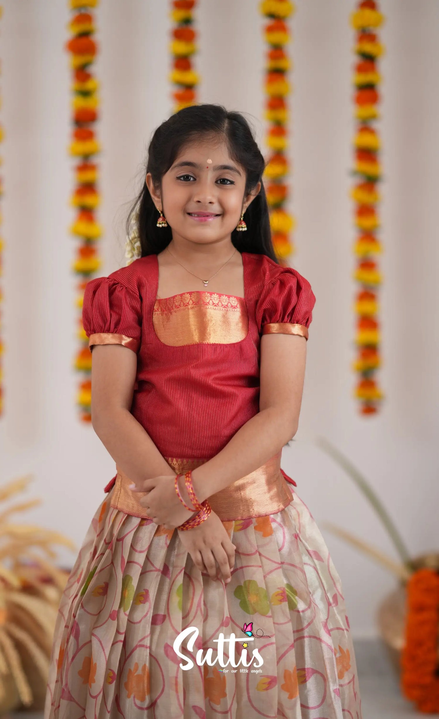 Organza Pavadai Sattai - Offwhite And Red Kids-Suttis