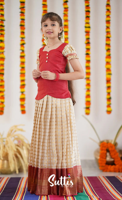 Organza Pavadai Sattai - Offwhite And Red Kids-Suttis