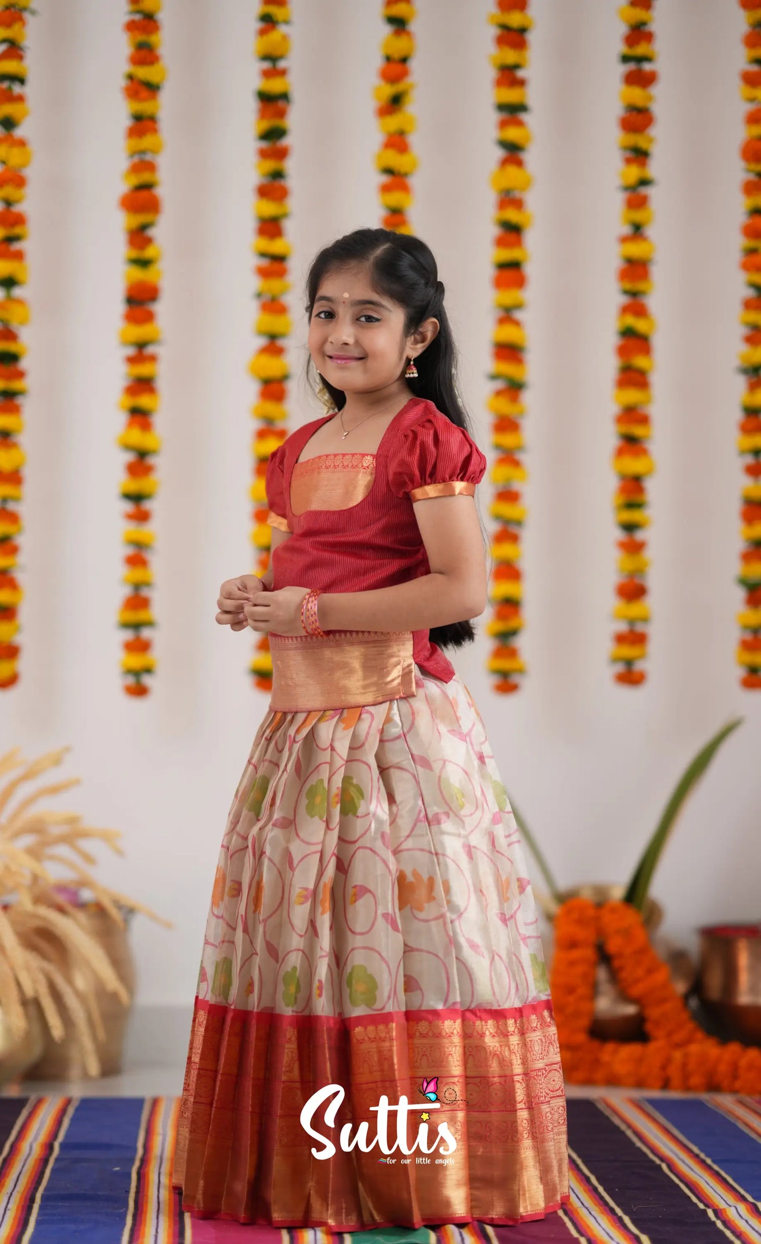 Organza Pavadai Sattai - Offwhite And Red Kids-Suttis