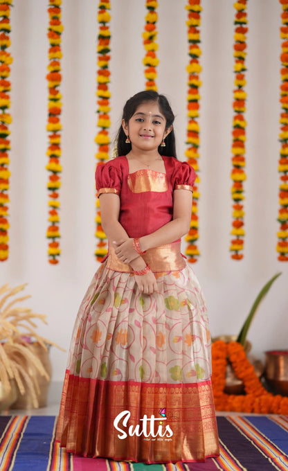 Organza Pavadai Sattai - Offwhite And Red Kids-Suttis