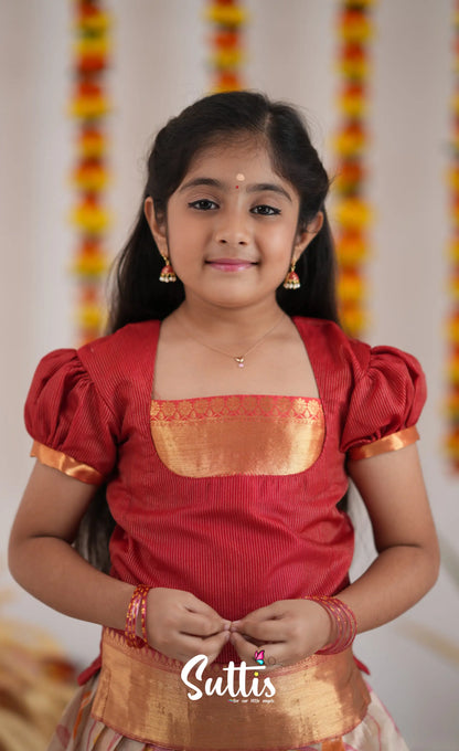 Organza Pavadai Sattai - Offwhite And Red Kids-Suttis