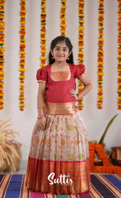 Organza Pavadai Sattai - Offwhite And Red Kids-Suttis