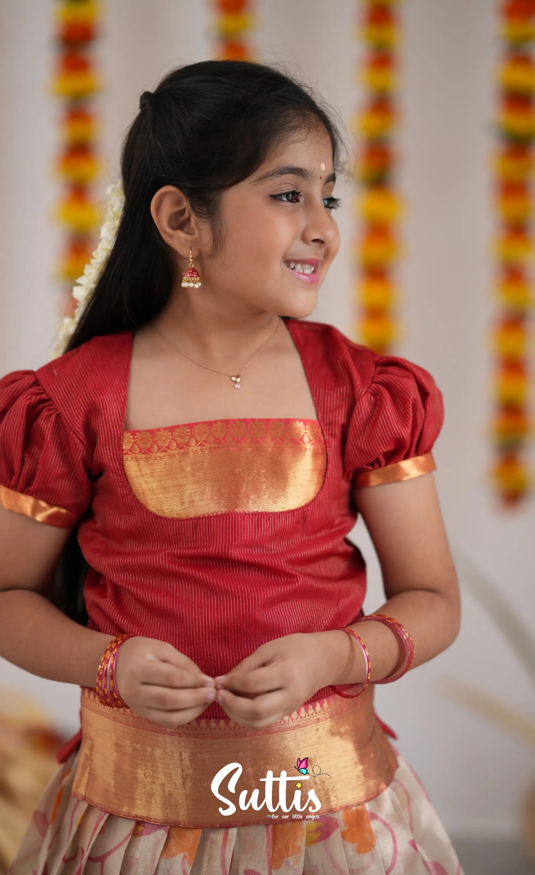 Organza Pavadai Sattai - Offwhite And Red Kids-Suttis