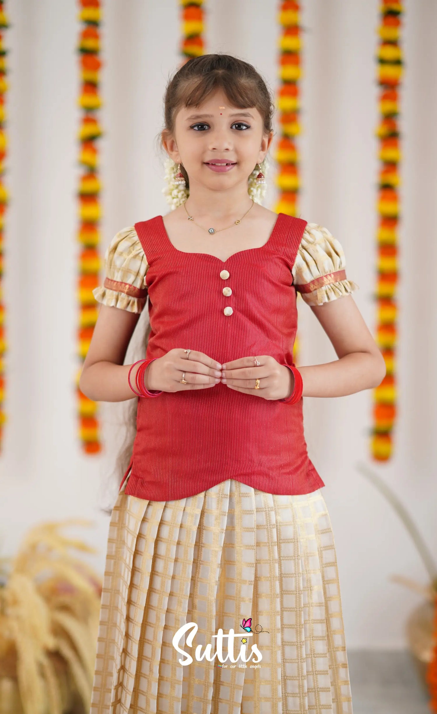 Organza Pavadai Sattai - Offwhite And Red Kids-Suttis